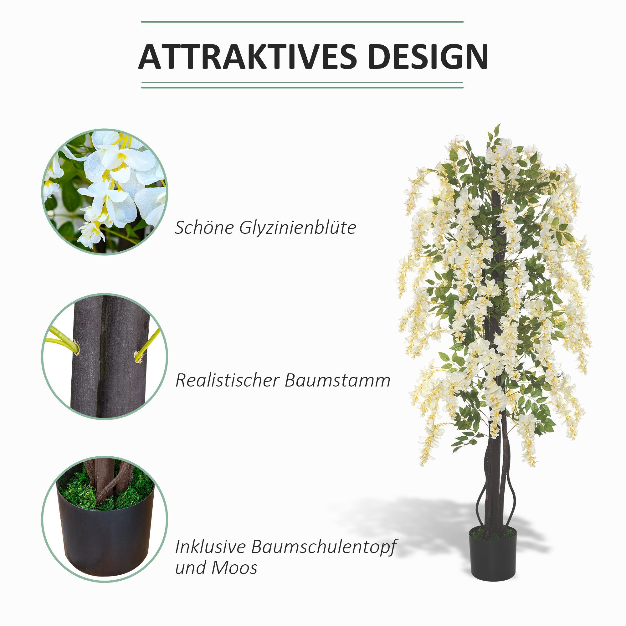 Outsunny Künstliche Glyzinien groß 165cm Kunstpflanze, Plastik Künstliche Pflanzen Kunstblumen im Topf, Fake Plant wie echt für Büro Wohnzimmer Schlafzimmer Moderne Dekoration Geschenk