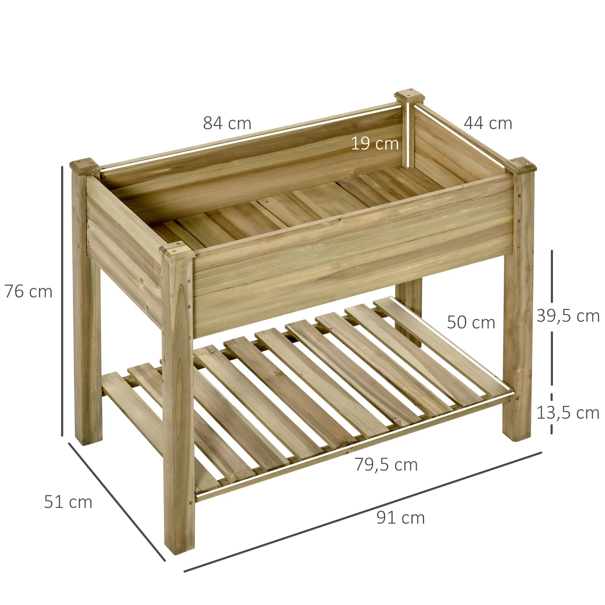 Outsunny Hochbeet, Erhöhter Pflanzkübel aus Holz mit unterem Regal, robuste Konstruktion, Ablauflöcher, 91L x 51B x 76H cm, Grün