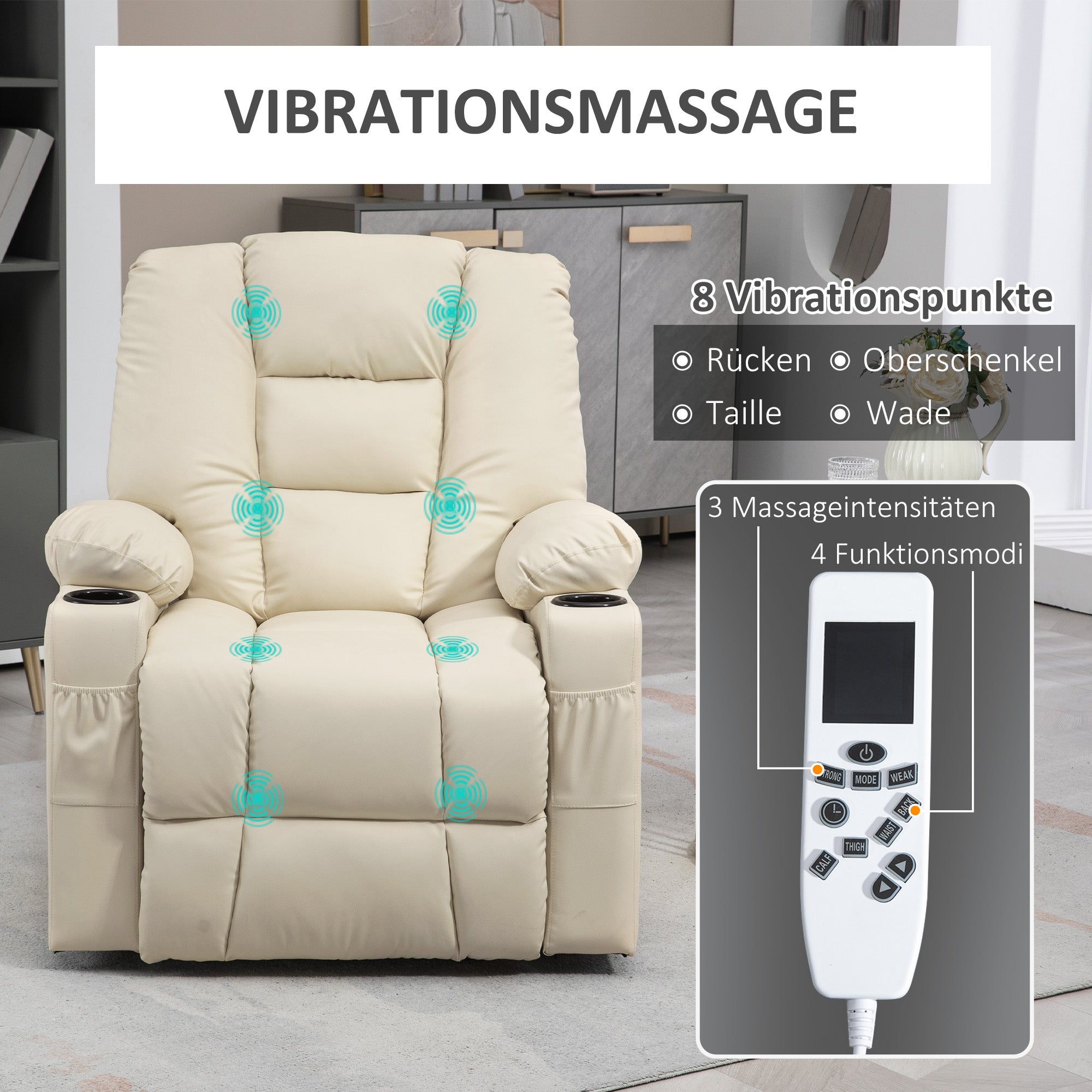 HOMCOM Massagesessel Aufstehhilfe Seniorensessel, inkl. Fernbedienung, 4 Massagemodi, 90  cm x 98 cm x 102 cm, Creme
