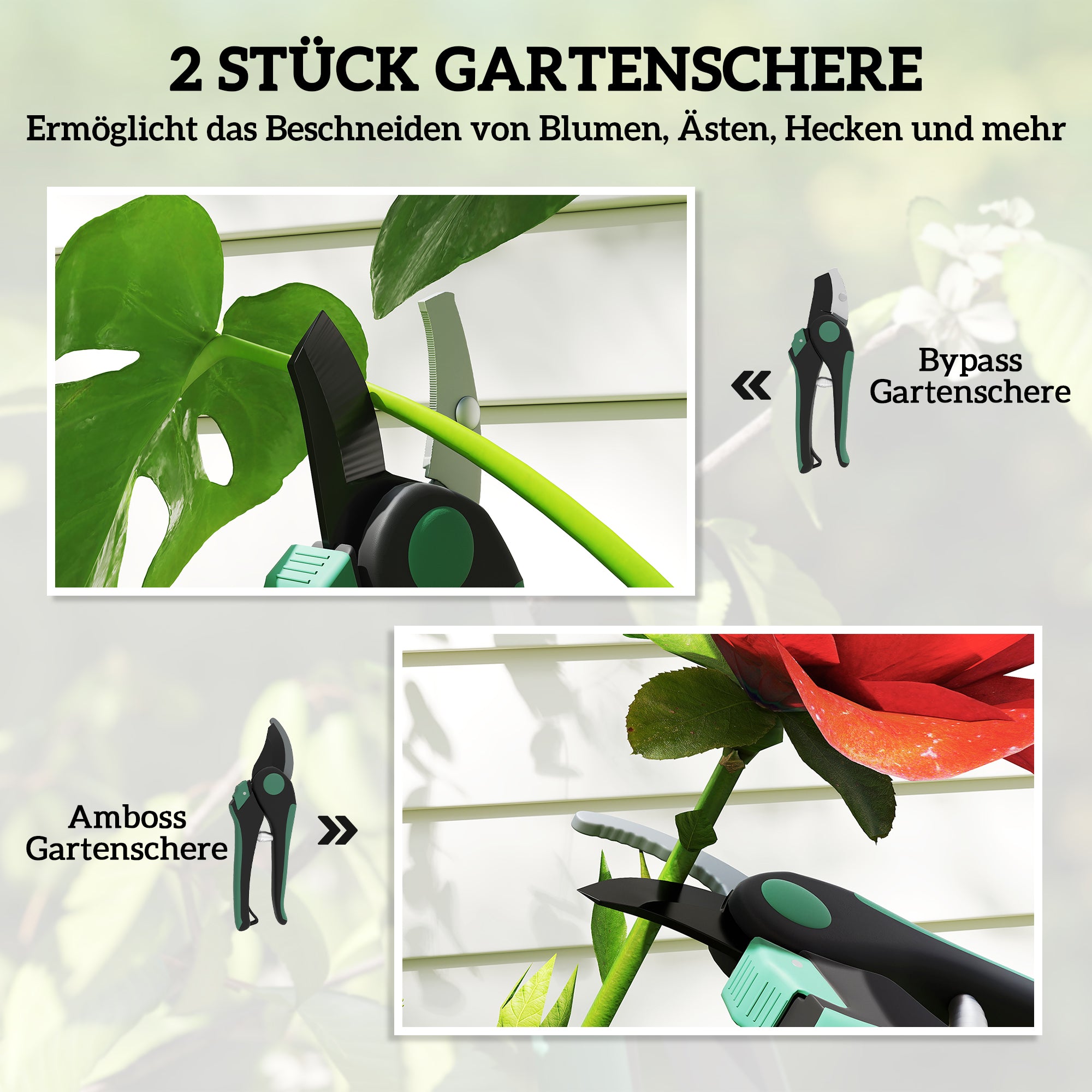 Outsunny Gartenwerkzeug Set 2 Stück Garten Werkzeug aus Metall Gartengeräte mit Gartenschere Grün+Schwarz
