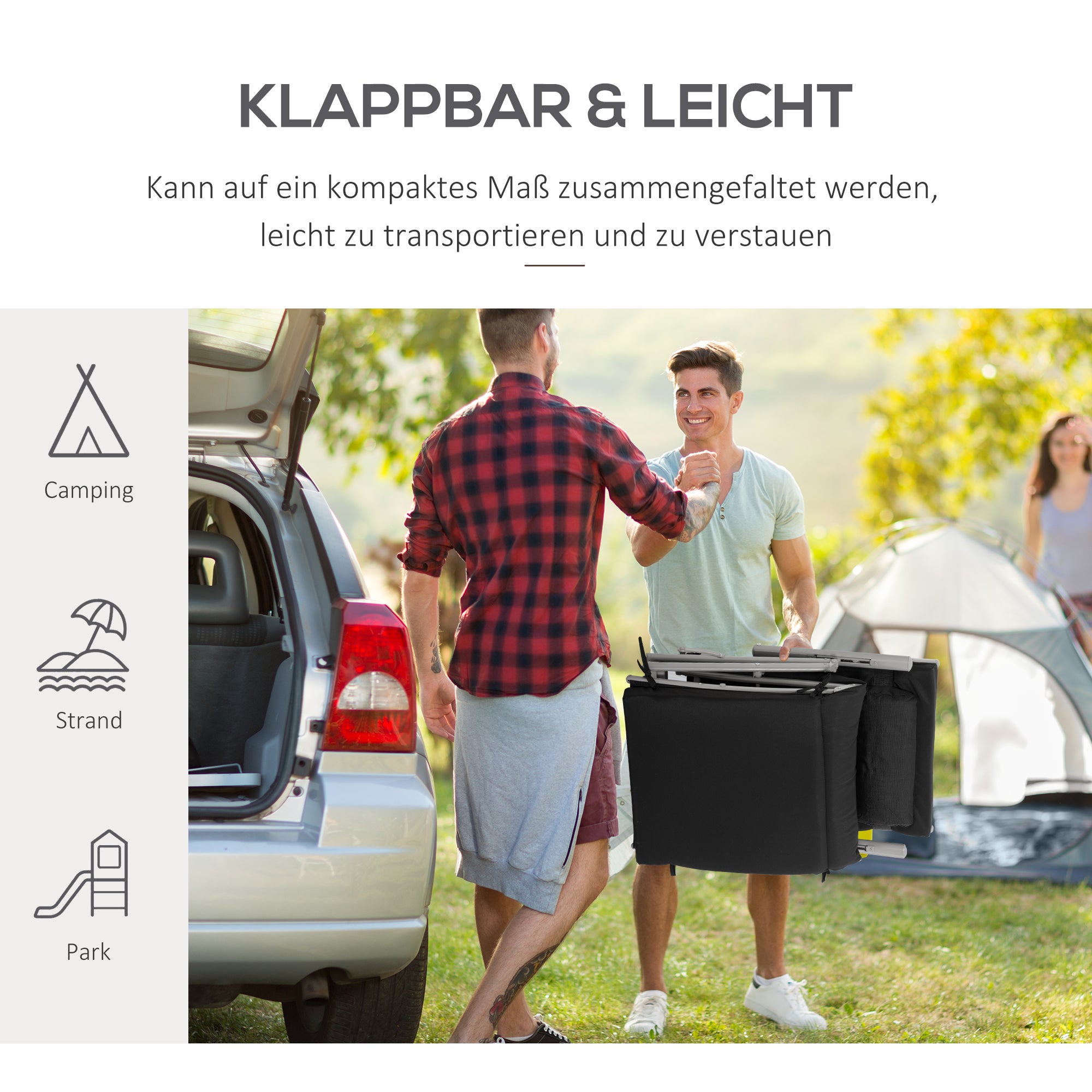 Outsunny Sonnenliege klappbar Strandliege mit Kopfkissen Sitzkissen Liegestuhl mit 7-Fach verstellbare Rückenlehne Gartenliege Relaxliege bis 165 kg belastbar, für Garten Urlaub Outdoor, Schwarz
