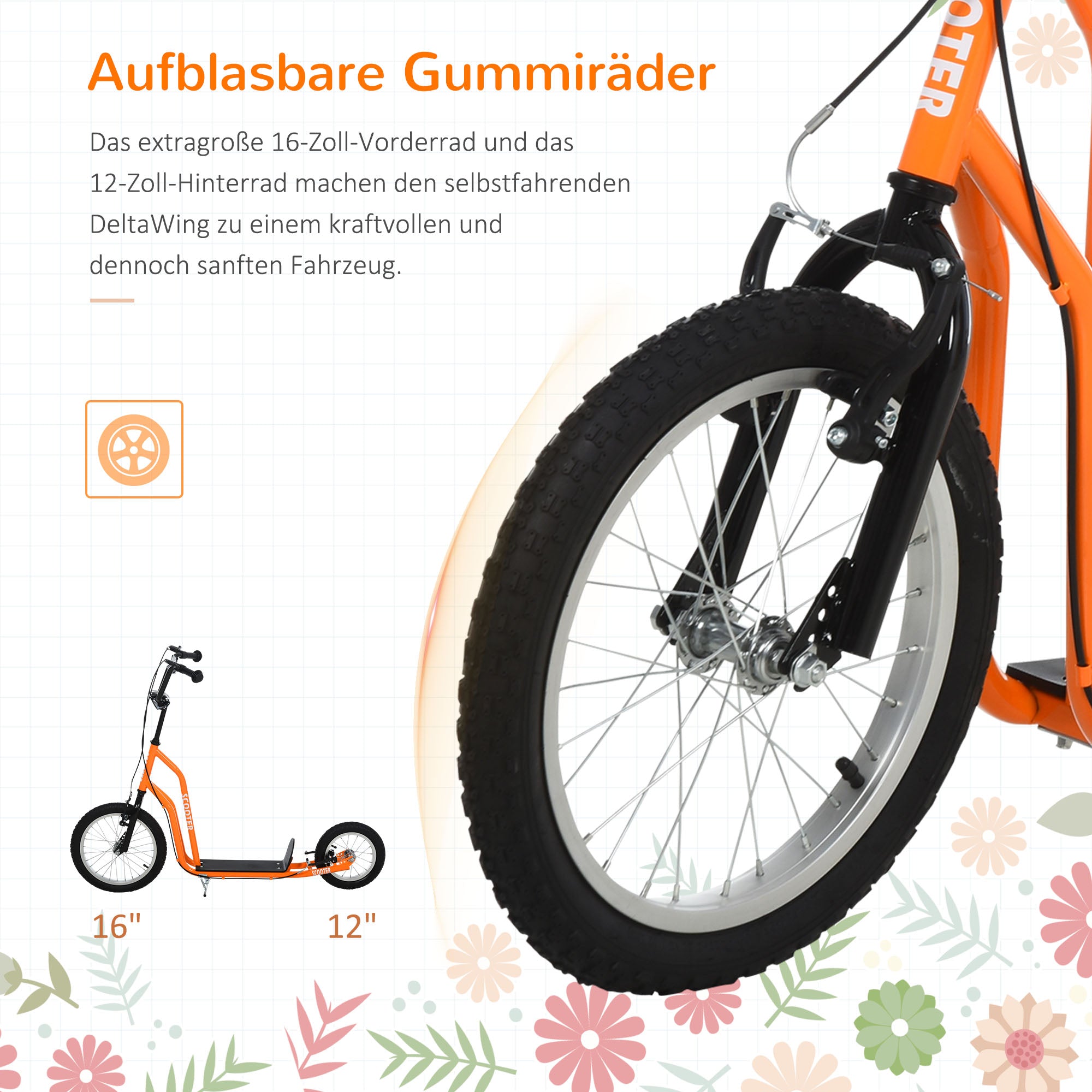 HOMCOM Kinderroller ab 5 jahre Scooter Tretroller Cityroller Kinder Roller Kickboard mit Luftreifen16/12 Zoll Orange 135 x 58 x 88-94 cm