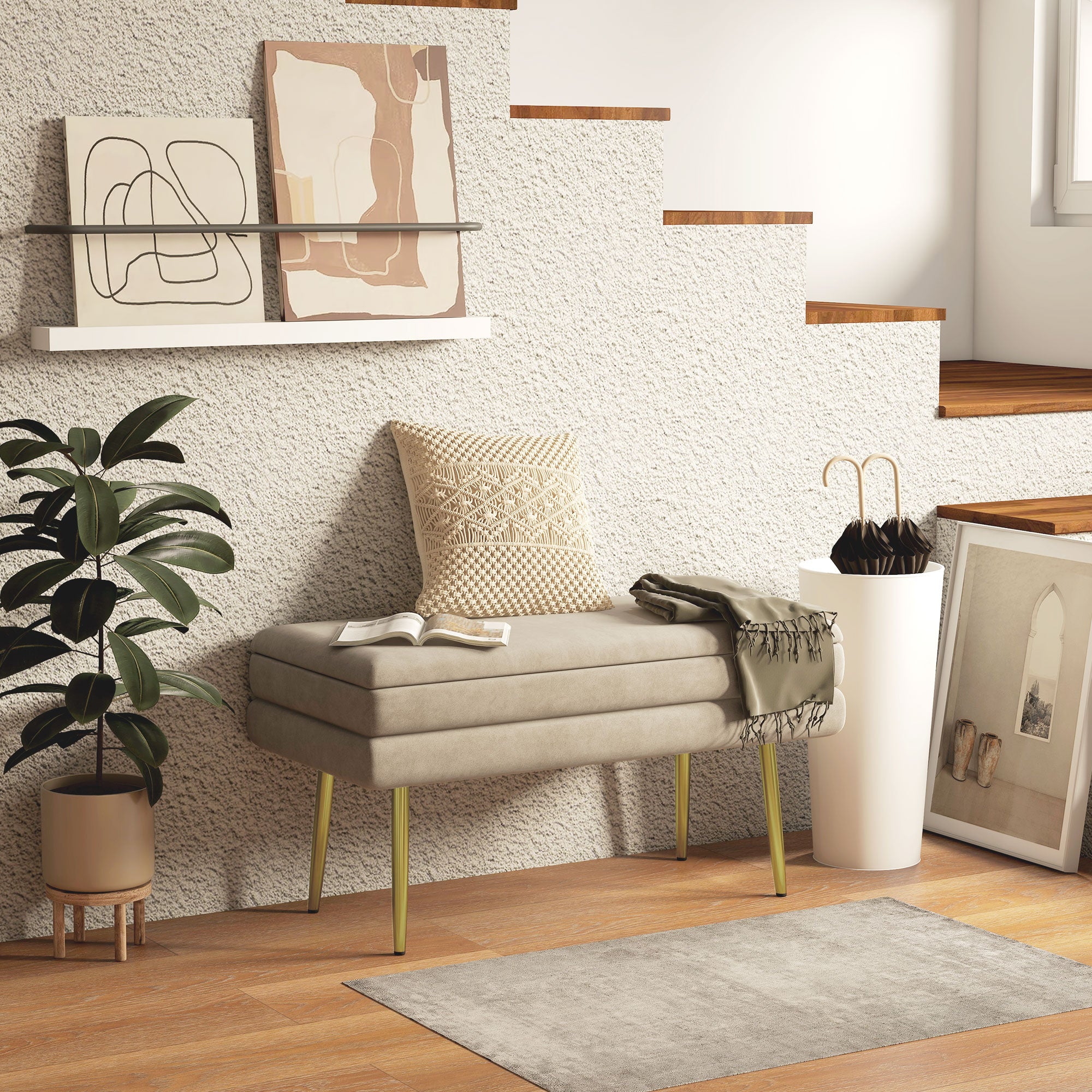 HOMCOM Sitzbank Polsterbank, mit Stauraum, Stahl, 79,5 cm x 37,5 cm x 43 cm, Beige
