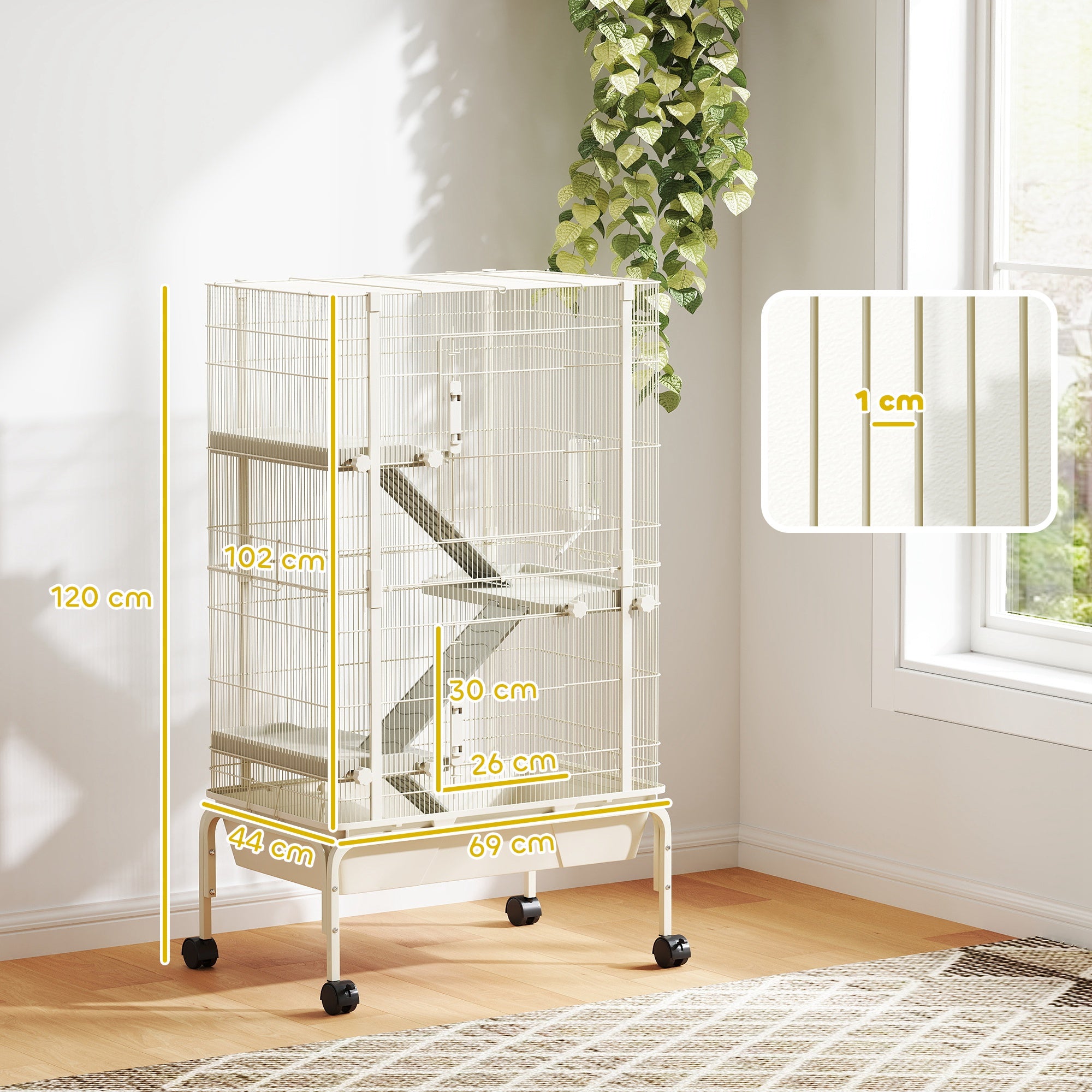 PawHut Kleintierkäfig, Haustierkäfig mit 4 Ebenen, Futterschale, Wasserflasche, 88 x 48 x 150,5 cm, Beige