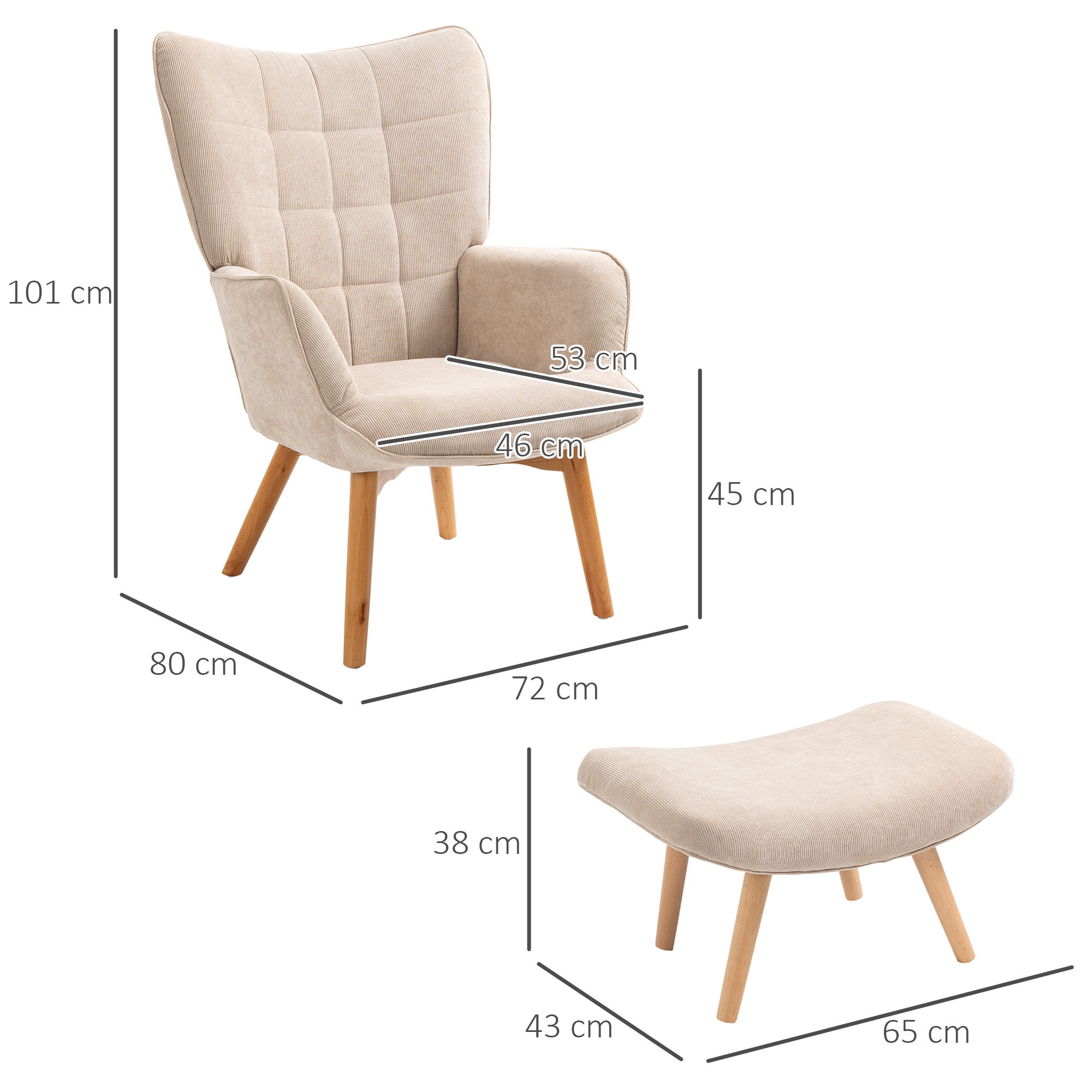 HOMCOM Akzentsessel mit Hocker, Relaxsessel in Cord-Optik, Armlehnstuhl mit Holzbeinen, für Wohnzimmer, Beige