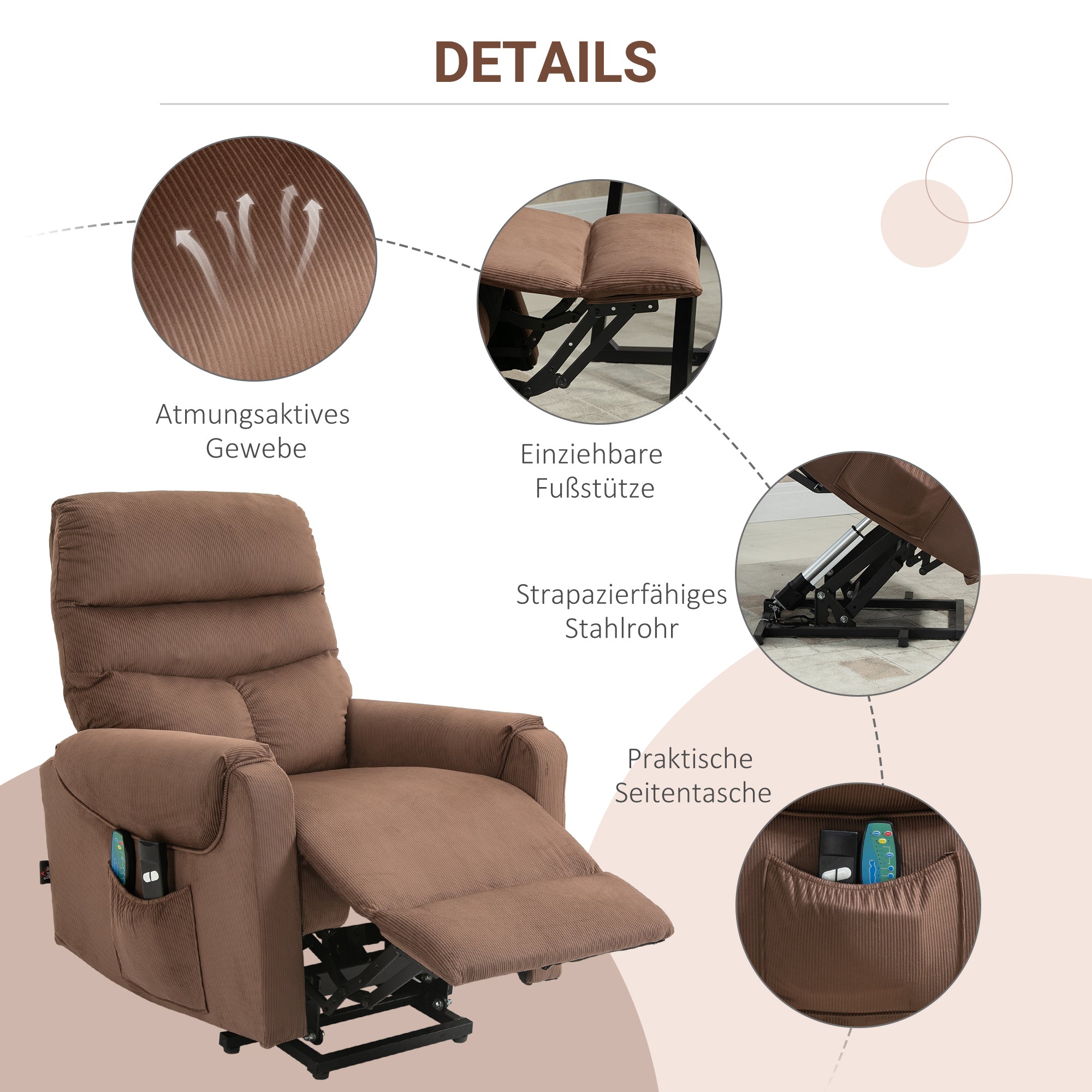 HOMCOM Fernsehsessel mit Aufstehhilfe Elektrisch, Massagesessel mit Liegefunktion und Wärmefunktion, Relaxsessel mit Fernbedienung und Seitentasche Verstellbar Polyester-Gewebe Braun