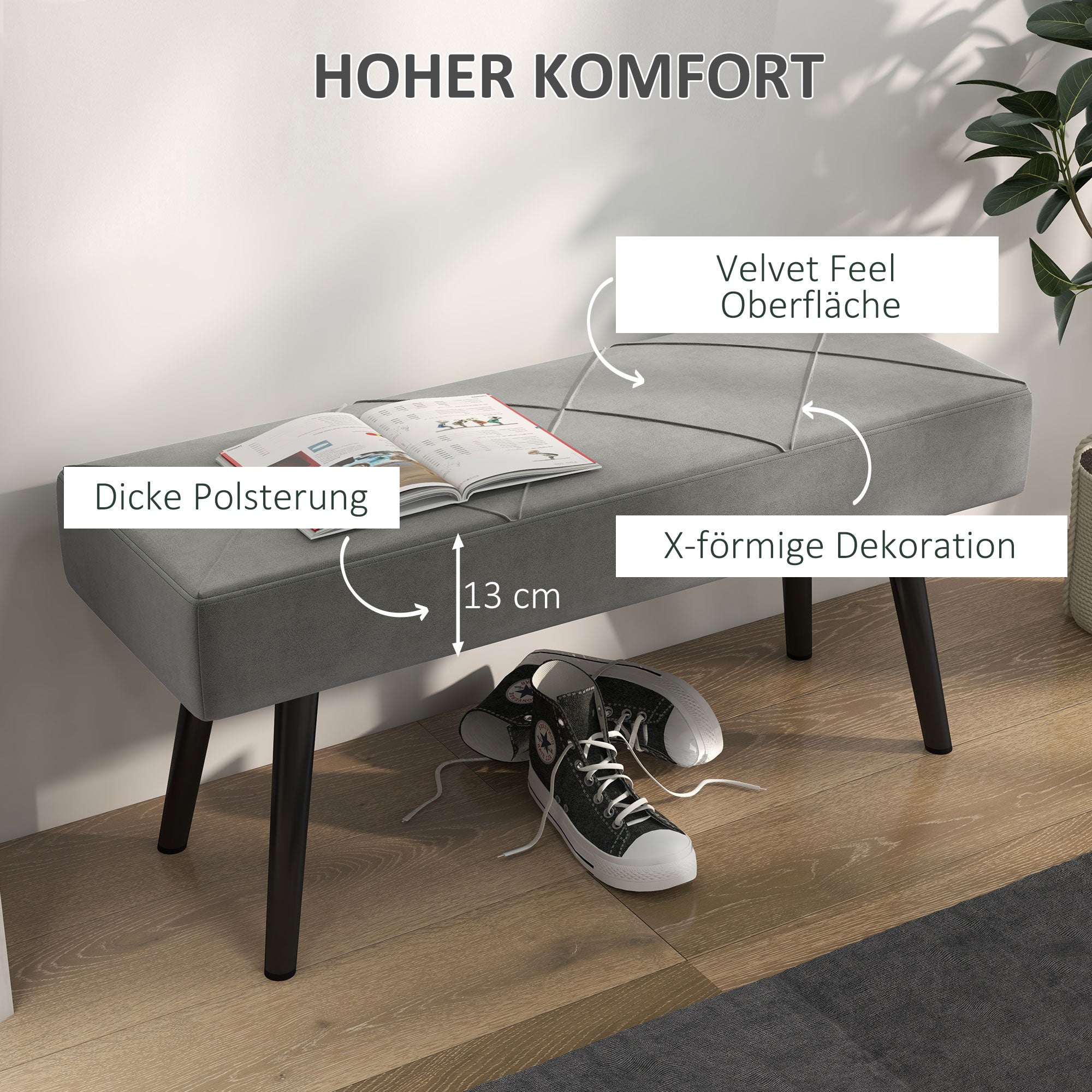 HOMCOM Sitzbank Polsterbank Bettbank, Samtoptik, 100 x 36 x 45 cm, Grau