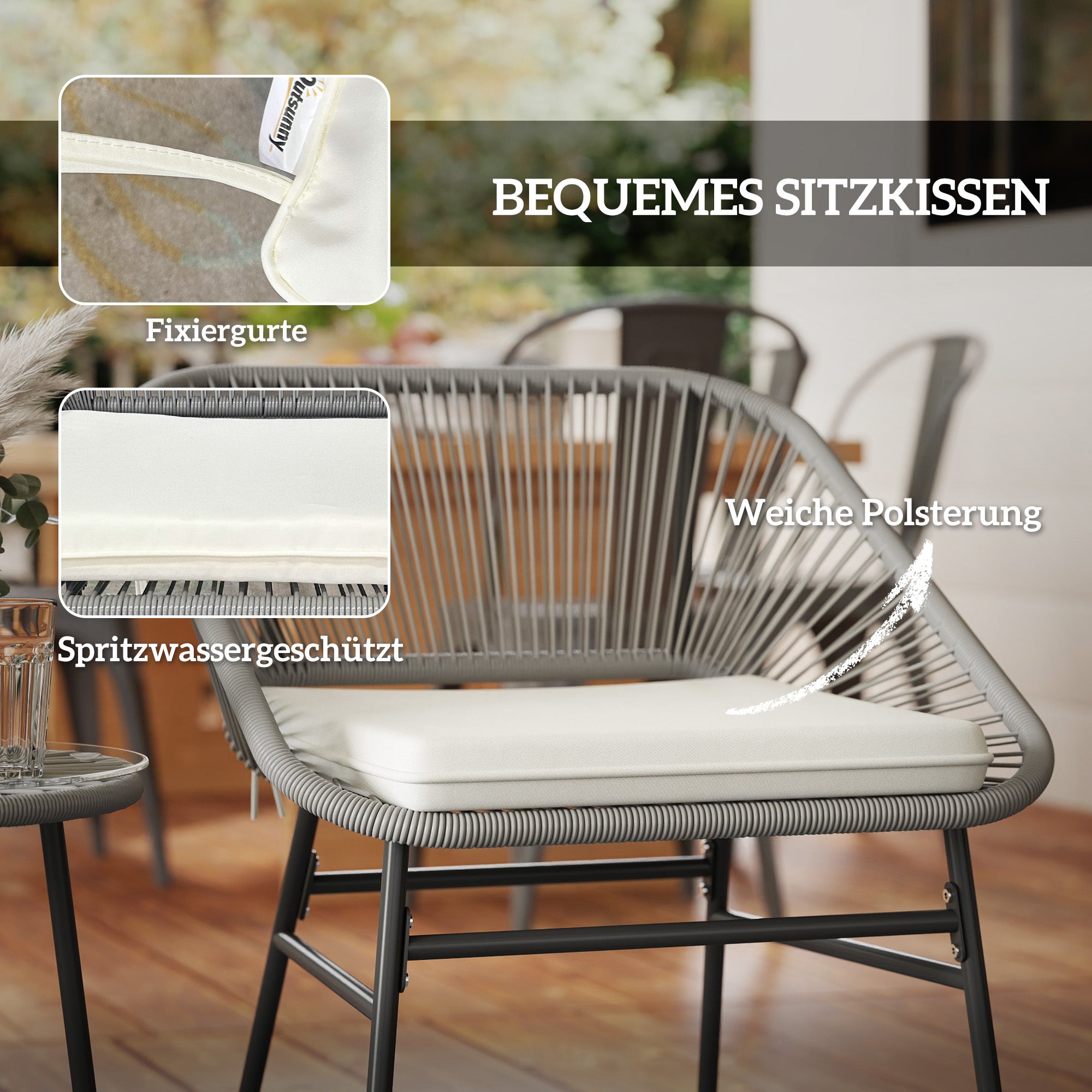 Outsunny 3-teiliges Outdoor-Möbelset, 1 Tisch, 2 Stühle, Rattan-Geflecht, Stahlrahmen, Kaffeetisch mit Glasplatte, Dunkelgrau