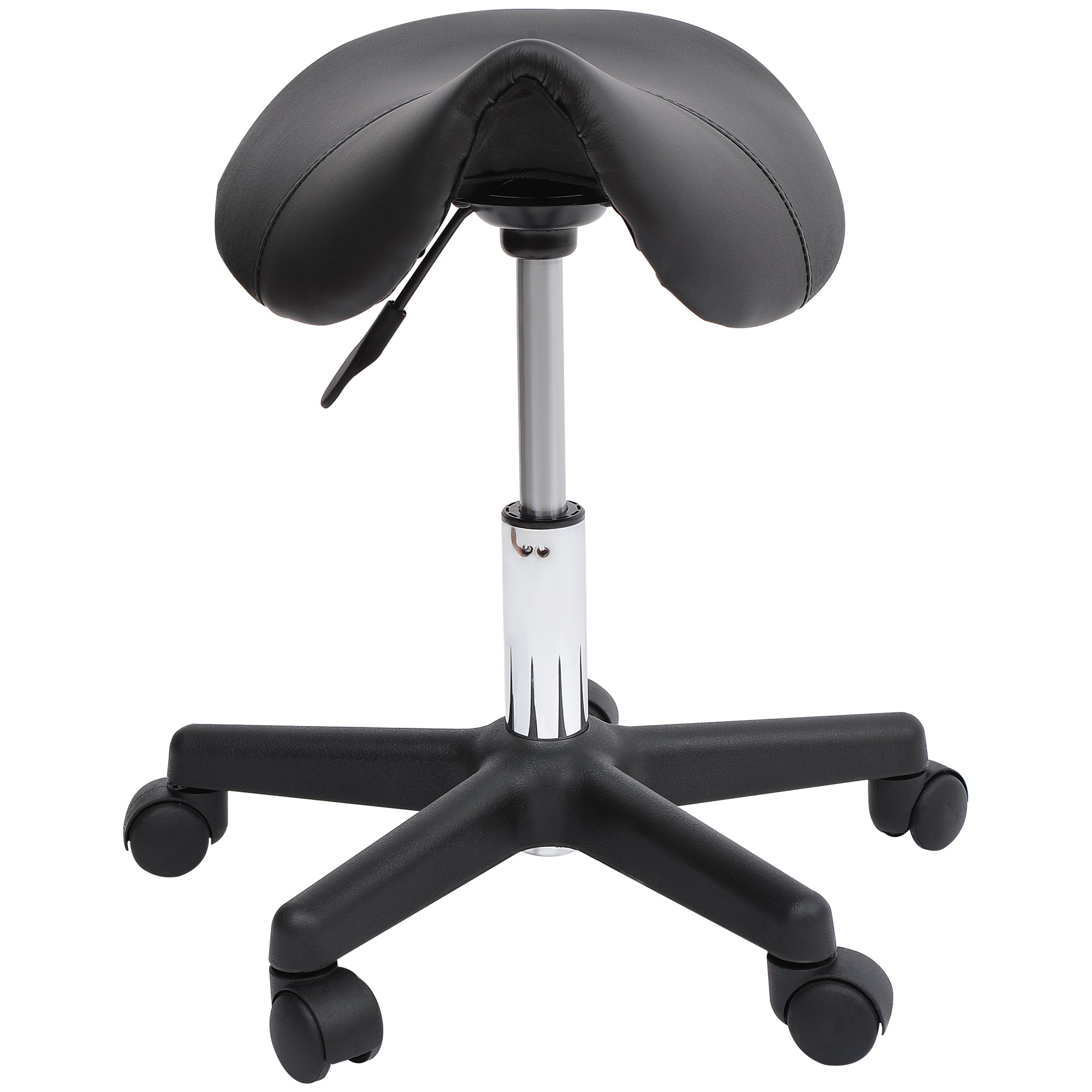 HOMCOM Rollhocker, sattelförmiger Sitz, höhenverstellbar, um 360° drehbar, Kunstleder, schwarz, 35 x 38 x 45-55 cm