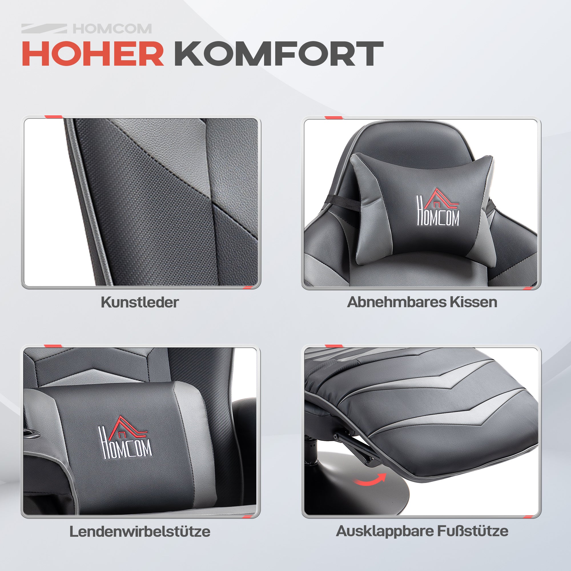 HOMCOM Gamingsessel, Massagefunktion, neigbare Lehne, Fußstütze, bis 120 kg, Stahlrahmen, Kunstleder, Grau
