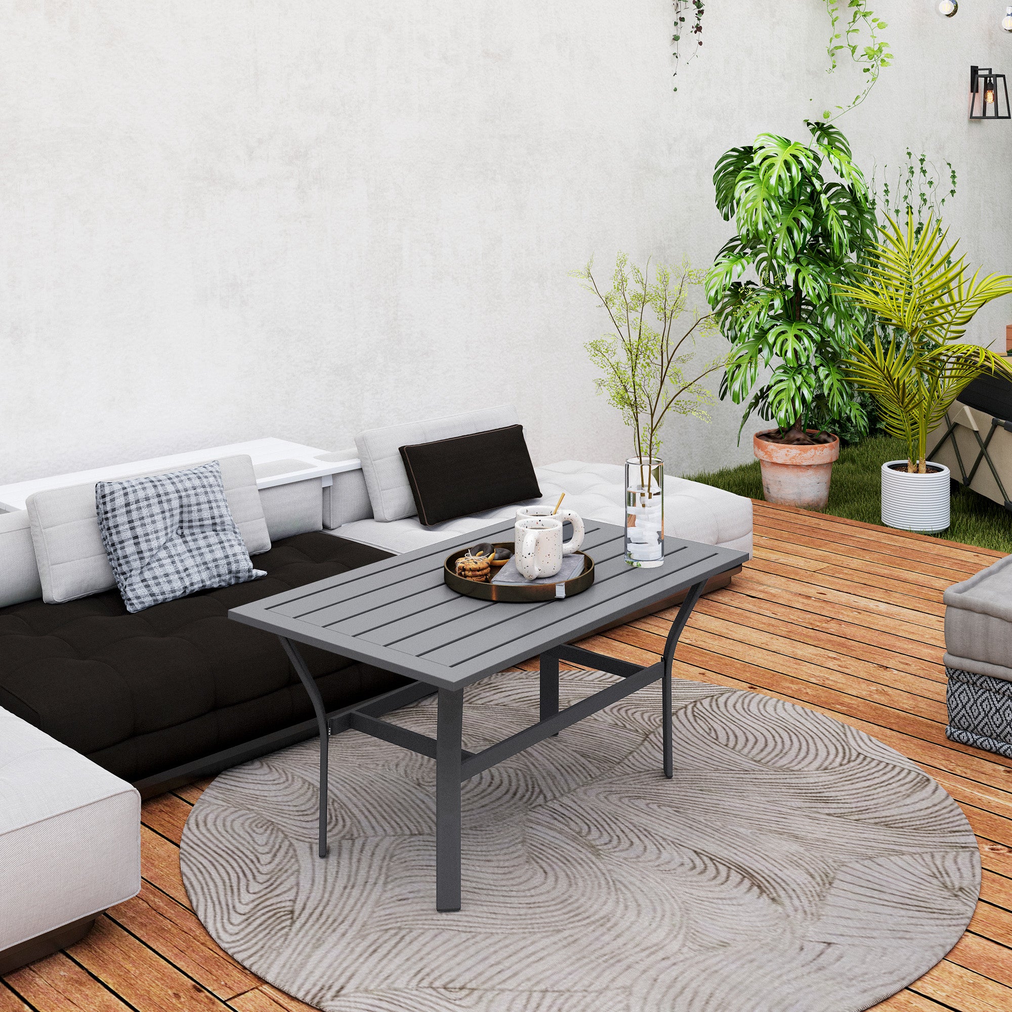 Outsunny Beistelltisch Metall Balkontisch mit Lamellendesign wetterfest Kaffeetisch Gartentisch 91,5 x 55 x 45 cm Dunkelgrau