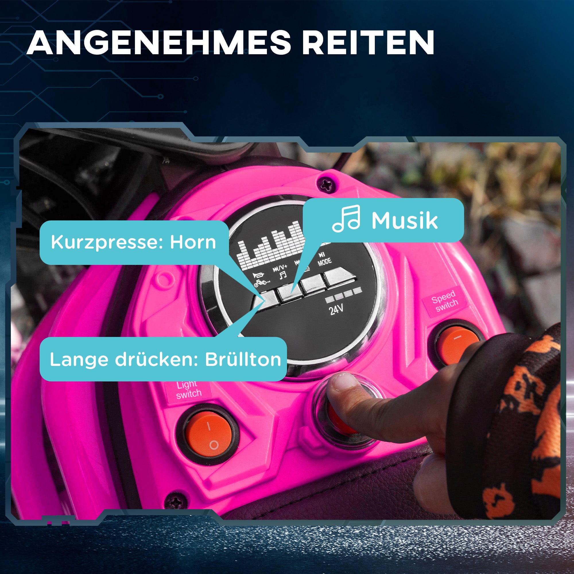 HOMCOM Elektro-Motorrad für Kinder, 24V Kindermotorrad mit Hupe, Leuchte, mit Drehgriff-Gashebel, 8-16 km/h, 8-12 Jahre, Rosa