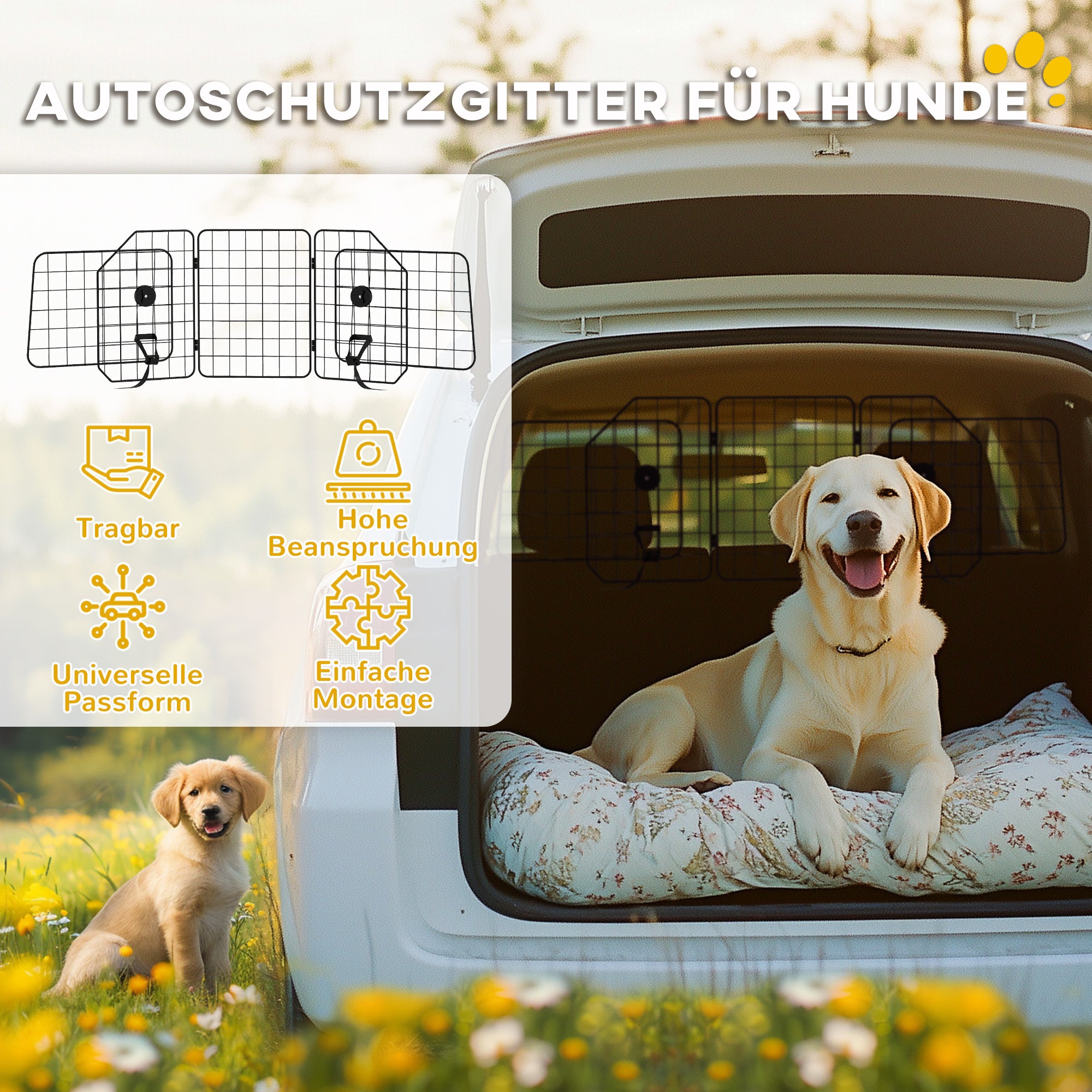 PawHut Autogitter für Hunde, verstellbar 93-150cm, klappbar, einfache Montage, Stahl, Schwarz