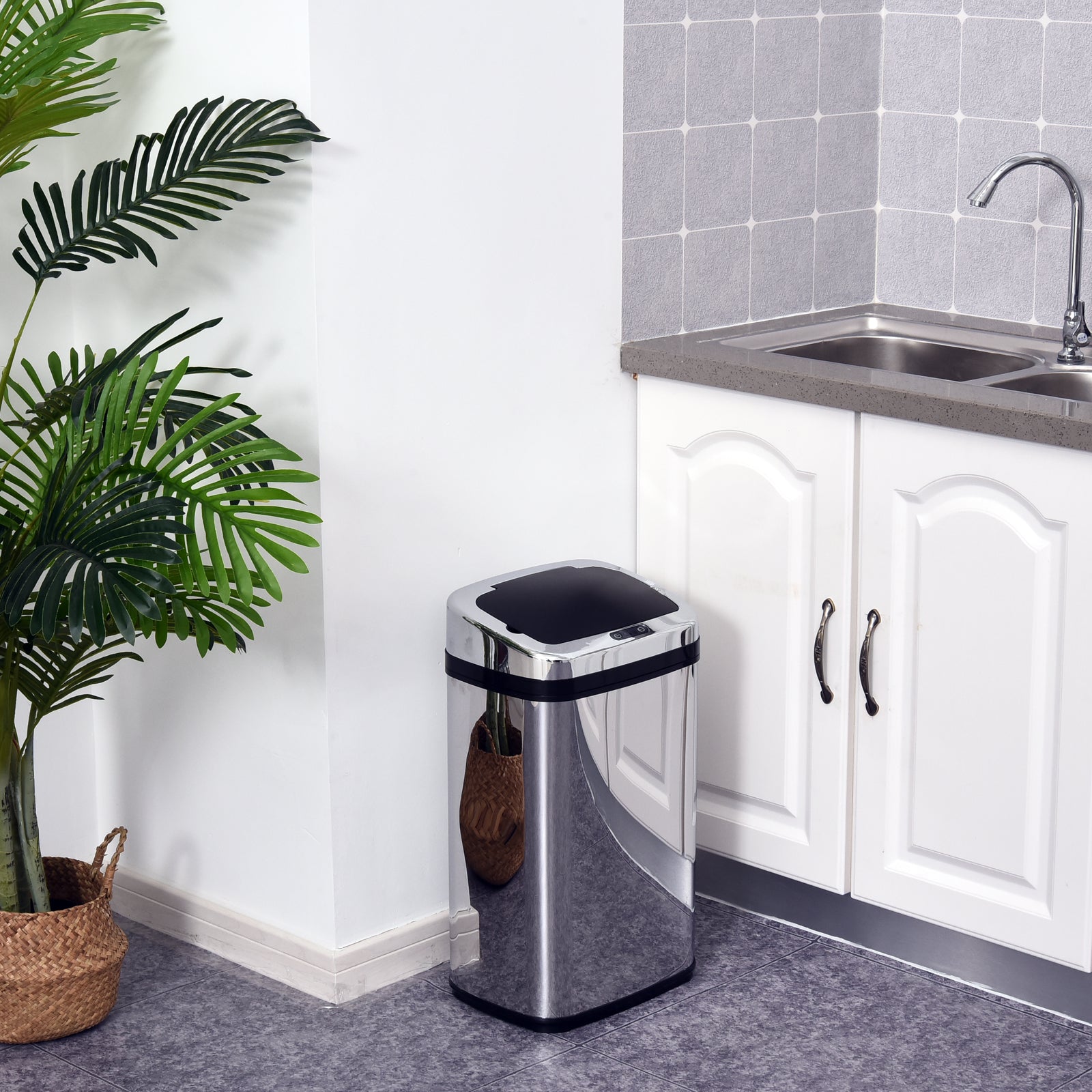 HOMCOM Edelstahl Automatik Sensor Mülleimer Abfalleimer IR Sensor mit/ohne Inneneimer rund viereckig (30L/viereckig)