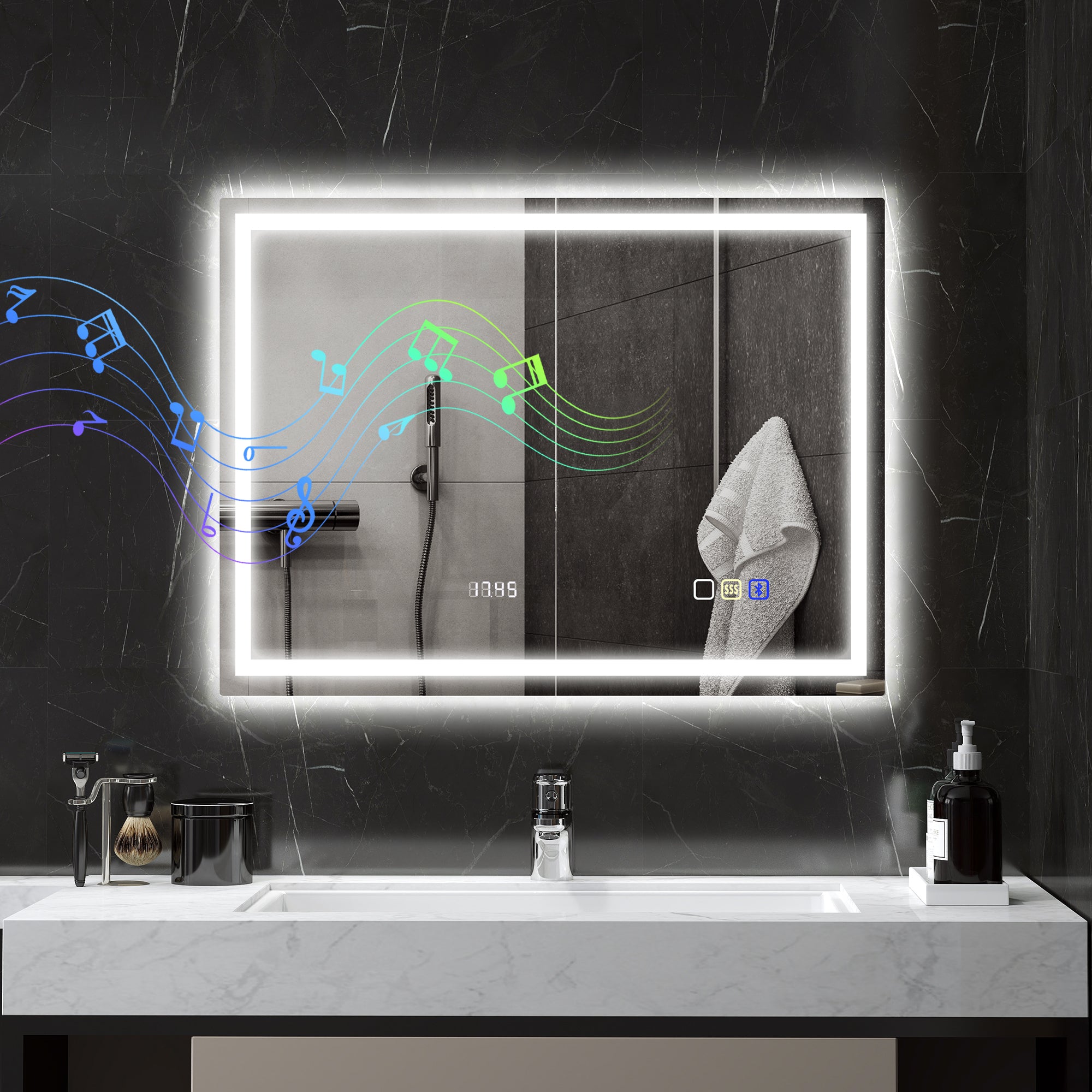 HOMCOM Badezimmerspiegel mit LED-Beleuchtung, Anti-Beschlags-Pad, 3 verstellbare Farben, Uhr, 600 x 800 mm, Silberfarben