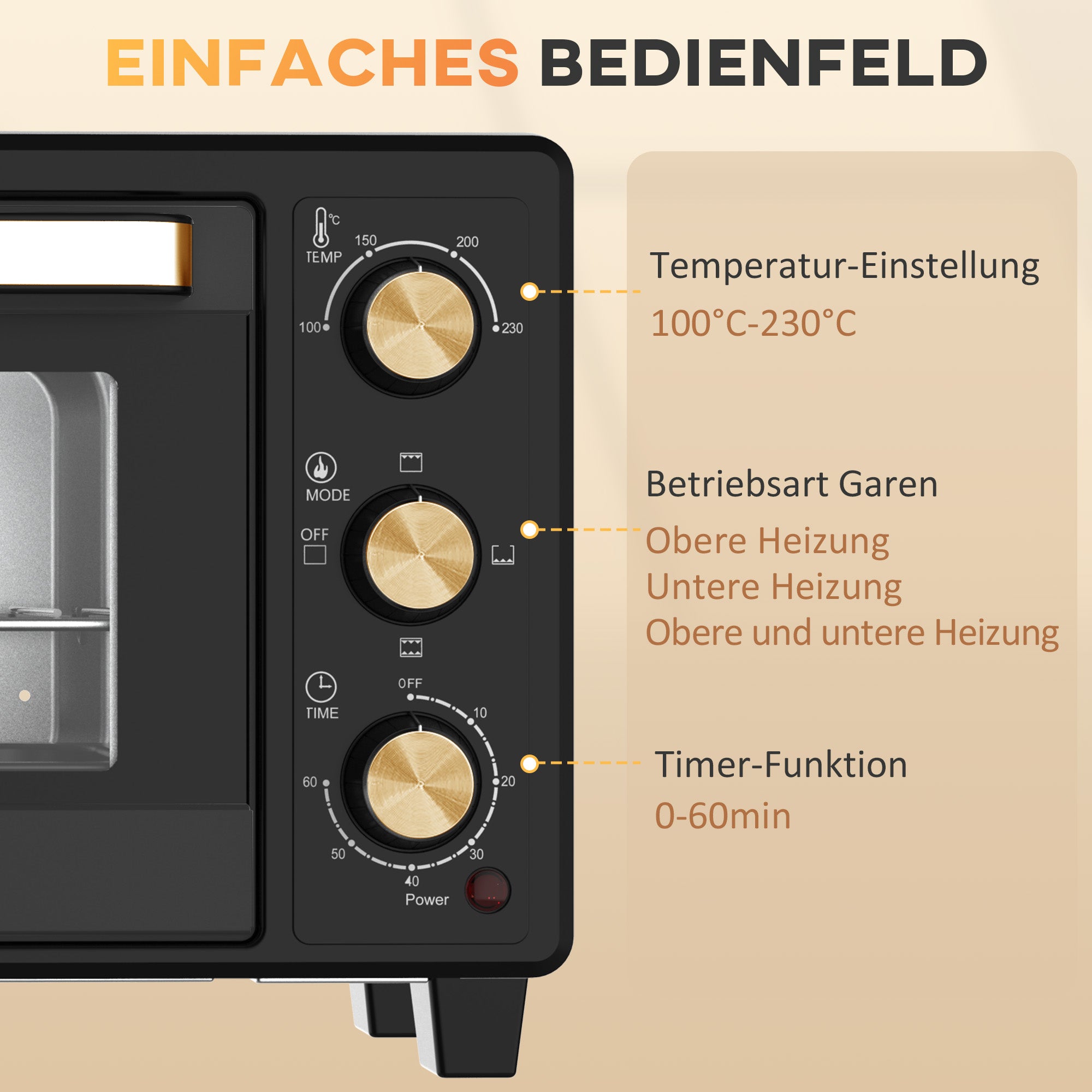 HOMCOM Mini-Ofen, Toasterofen, Timer, Gitterrost, Backblech, Glasfenster, Metall, Schwarz
