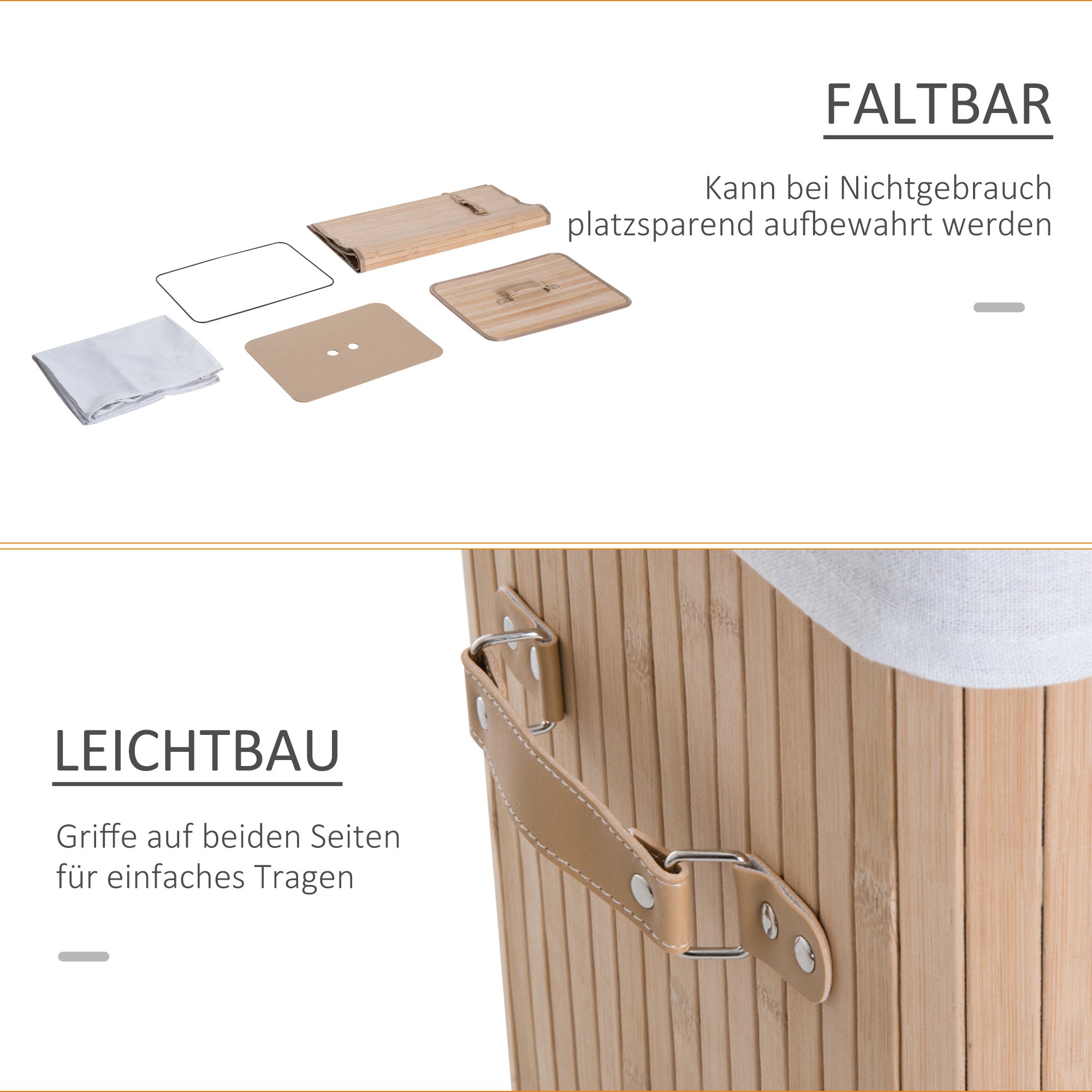 HOMCOM Wäschekorb schmal mit Deckel 72L Wäschesammler mit Griff, herausnehmbarer Wäschesack, Wäschebox für Waschküche Schlafzimmer Badezimmer Natur