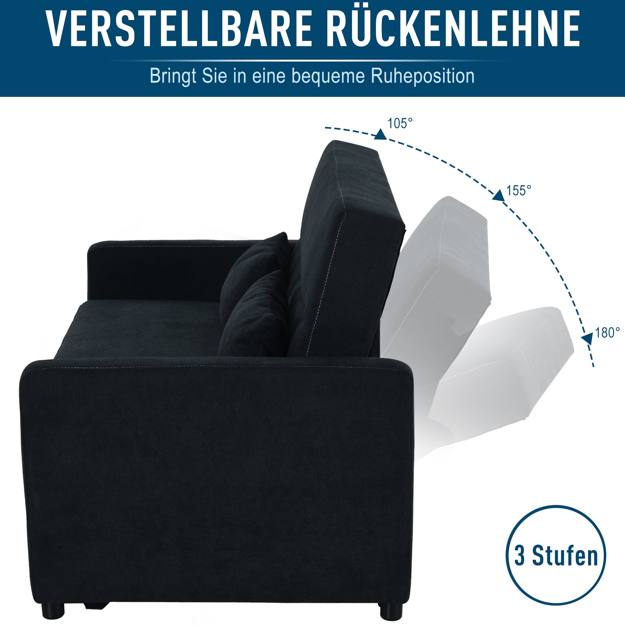 HOMCOM 2-Sitzer Sofa mit Bettfunktion, Verstellbarer Rückenlehne, Polstersofa, Samtoptik, für Wohnzimmer, Schlafzimmer, Schwarz
