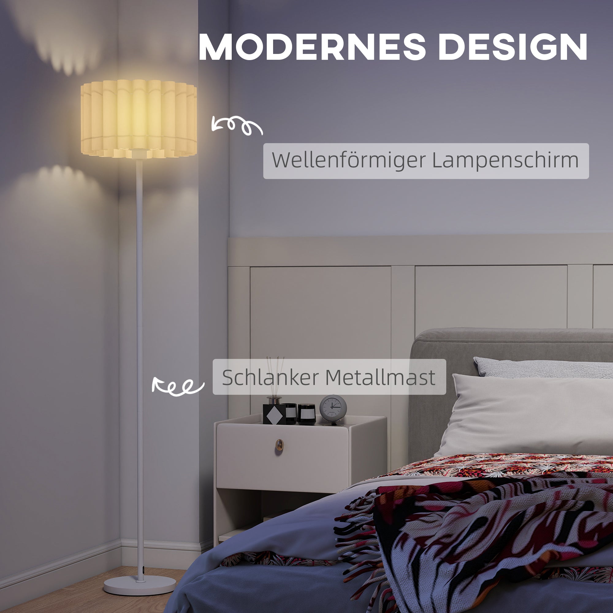 HOMCOM Stehlampe im Retro-Stil, Kunststoff-Lampenschirm, Fußschalter, Metallstab, Weiß