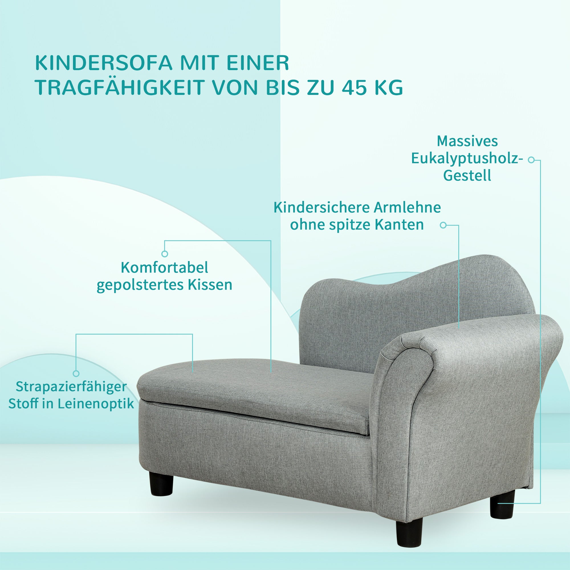 HOMCOM Kindersofa, Récamiere, verstecktes Staufach, Rahmen aus Eukalyptusholz, grau, 80 x 40 x 49cm