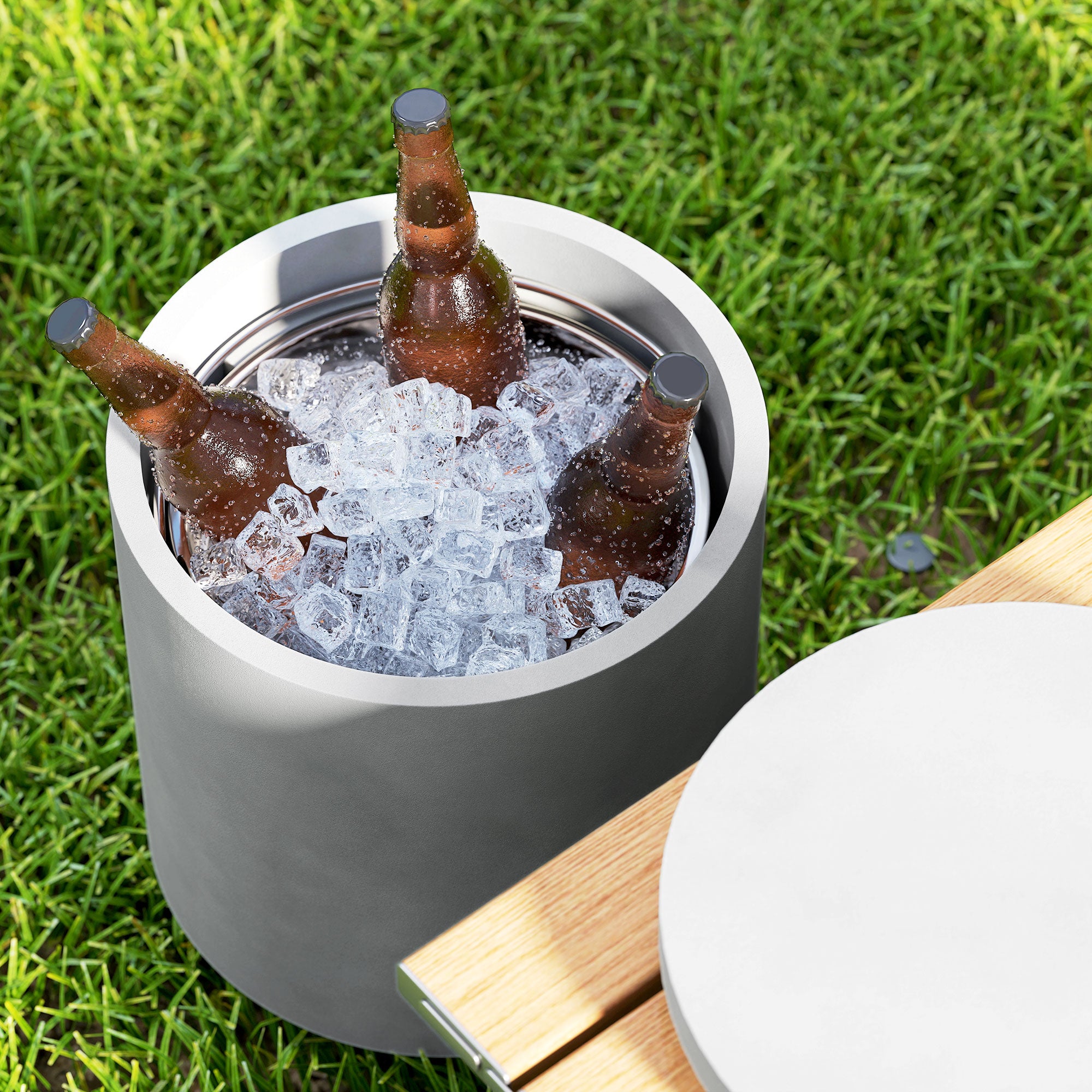 HOMCOM Outdoor-Tisch, Beistelltisch mit Kühler, Eiseimer, Hellgrau