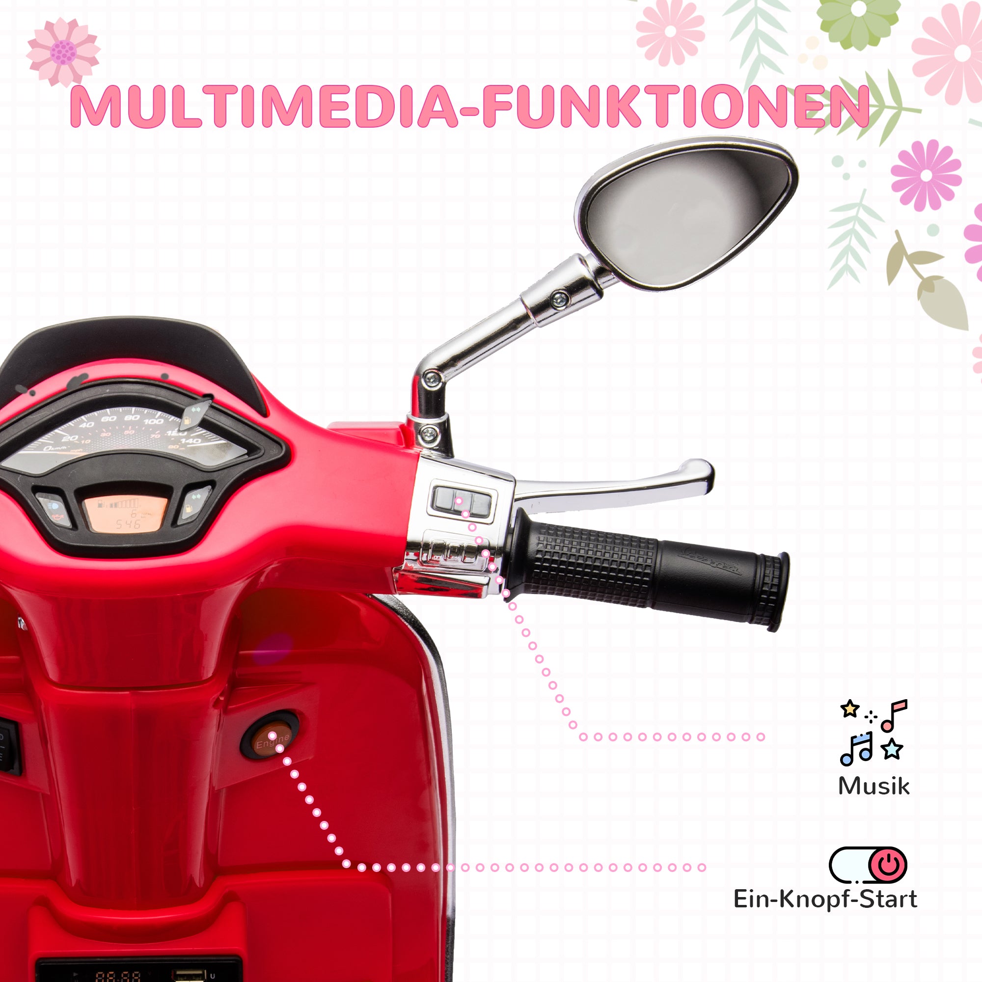 AIYAPLAY Elektro-Motorroller für Kinder, Vespa, Musik & Scheinwerfer, 107x47x73 cm, Rot