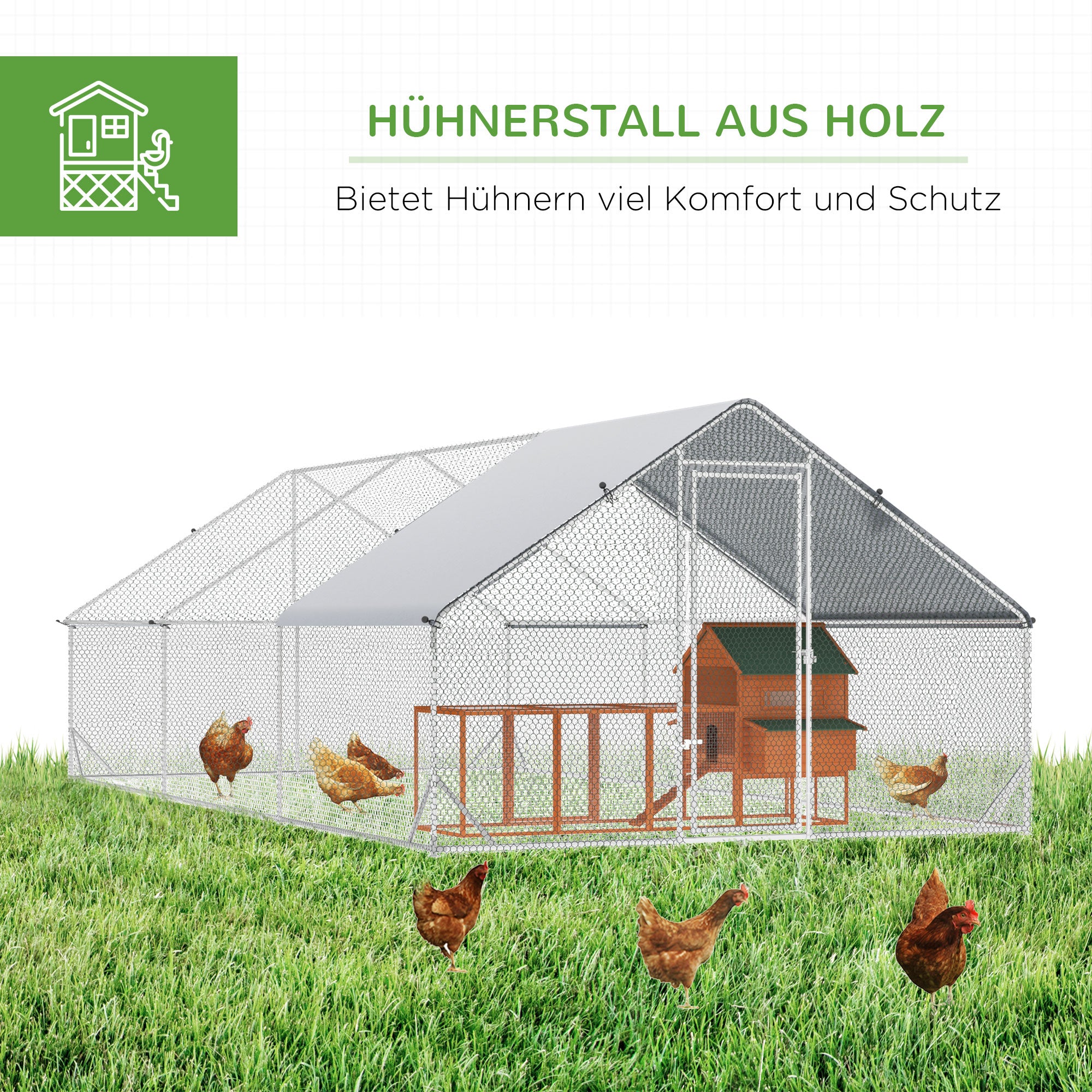 PawHut Hühnerstall, Freilaufgehege, Geflügelstall mit Schattendach, Freigehege für 4-6 Hühner, Enten Kaninchen, 3 x 2 x 2 m