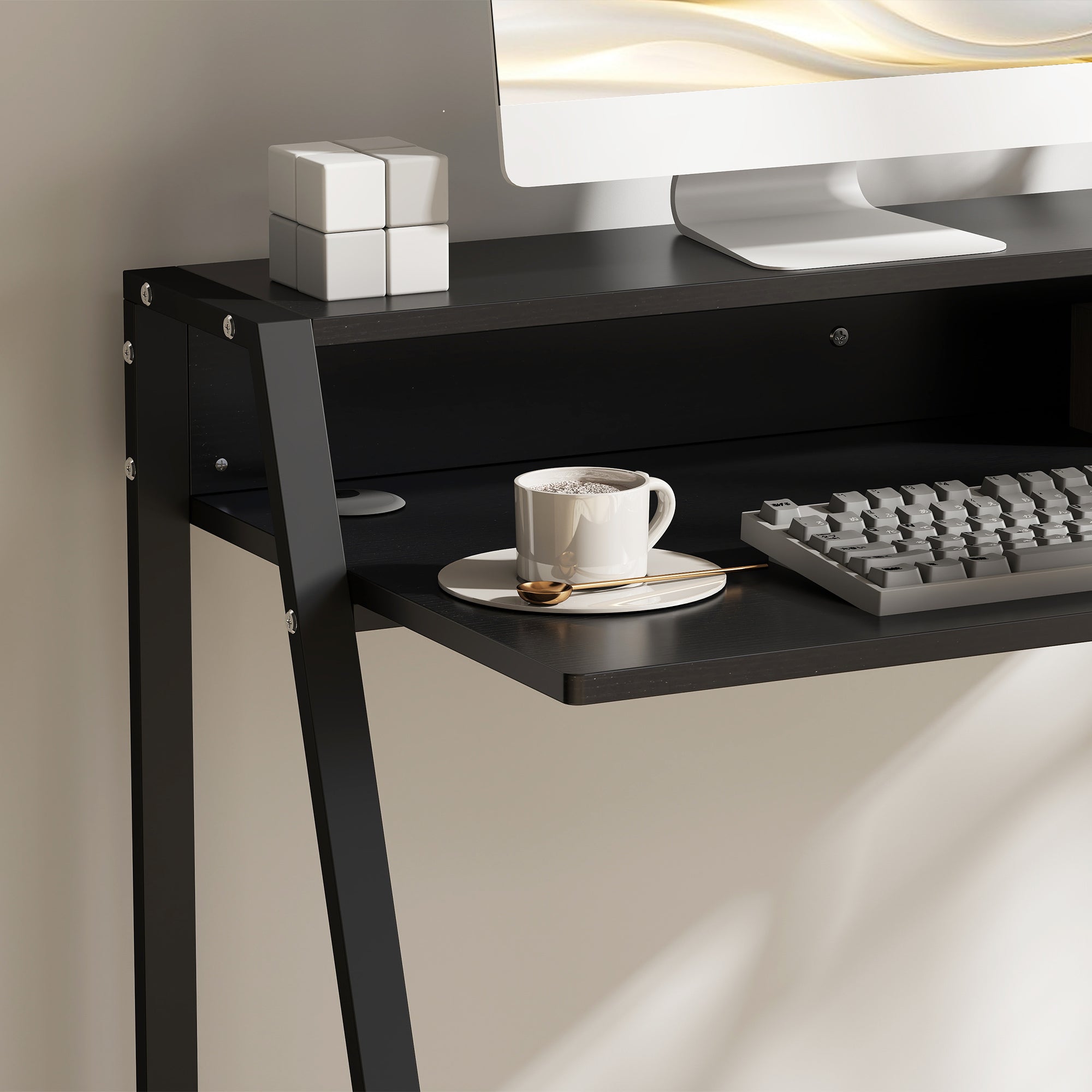 HOMCOM Schreibtisch, Computertisch mit Ablage und Kabel Management, moderner Schreibtisch mit Metallgestell für Arbeitszimmer, Schlafzimmer, Home Office, 84 x 45 x 85 cm, Schwarz