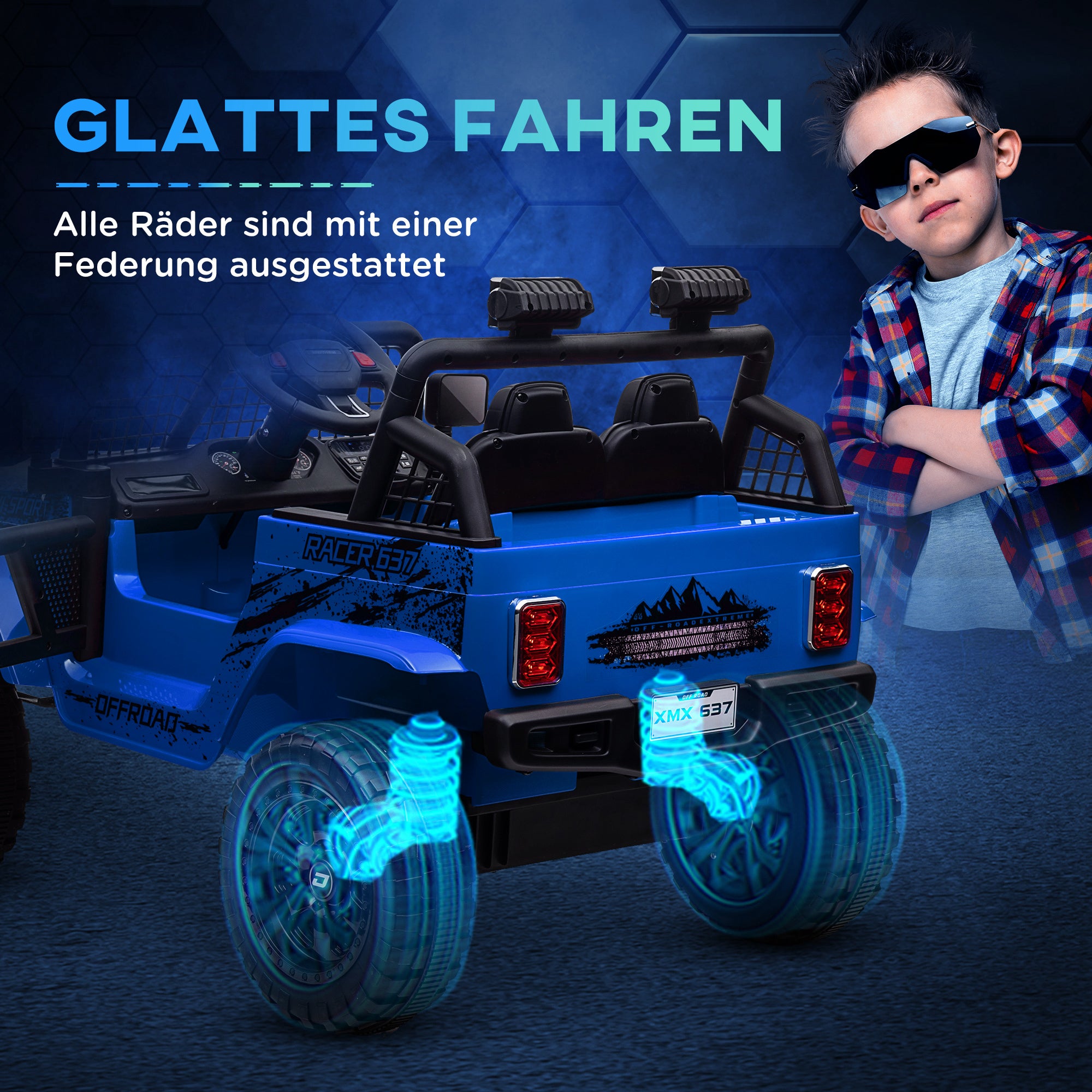 AIYAPLAY Kinder-Elektroauto mit sanfter Federung, fernsteuerbar, LED-Lichter, Hupe, 12V-Motoren, aus Kunststoff und Metall, Blau