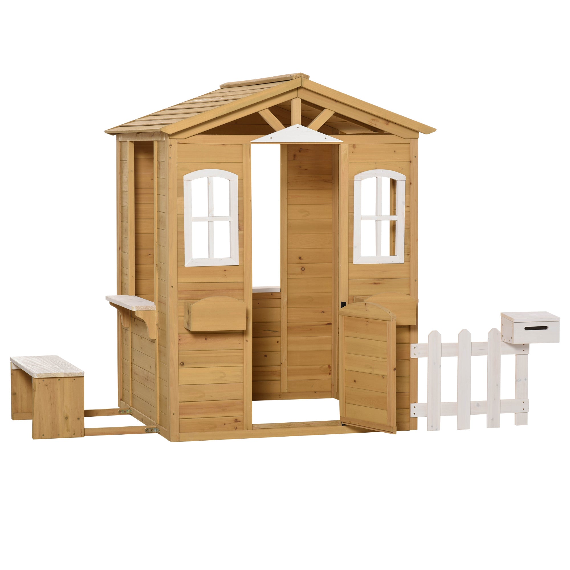 Outsunny Kinderspielhaus aus Holz Spielhaus Outdoor mit Tür, Fenster und Pflanzkasten Briefkasten Bank für Kinder 3-6 Jahre