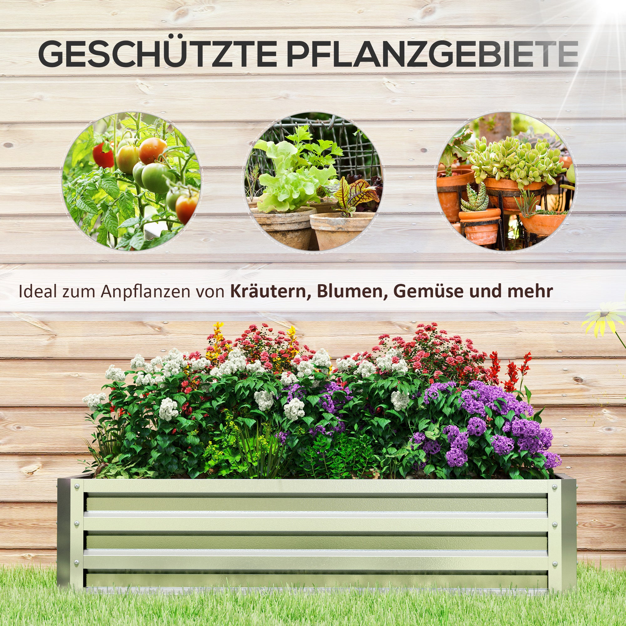 Outsunny Hochbeet Pflanzkasten, wetterbeständig, offener Boden, verzinkter Stahl, 120 cm x 60 cm x 30,5 cm, Silber