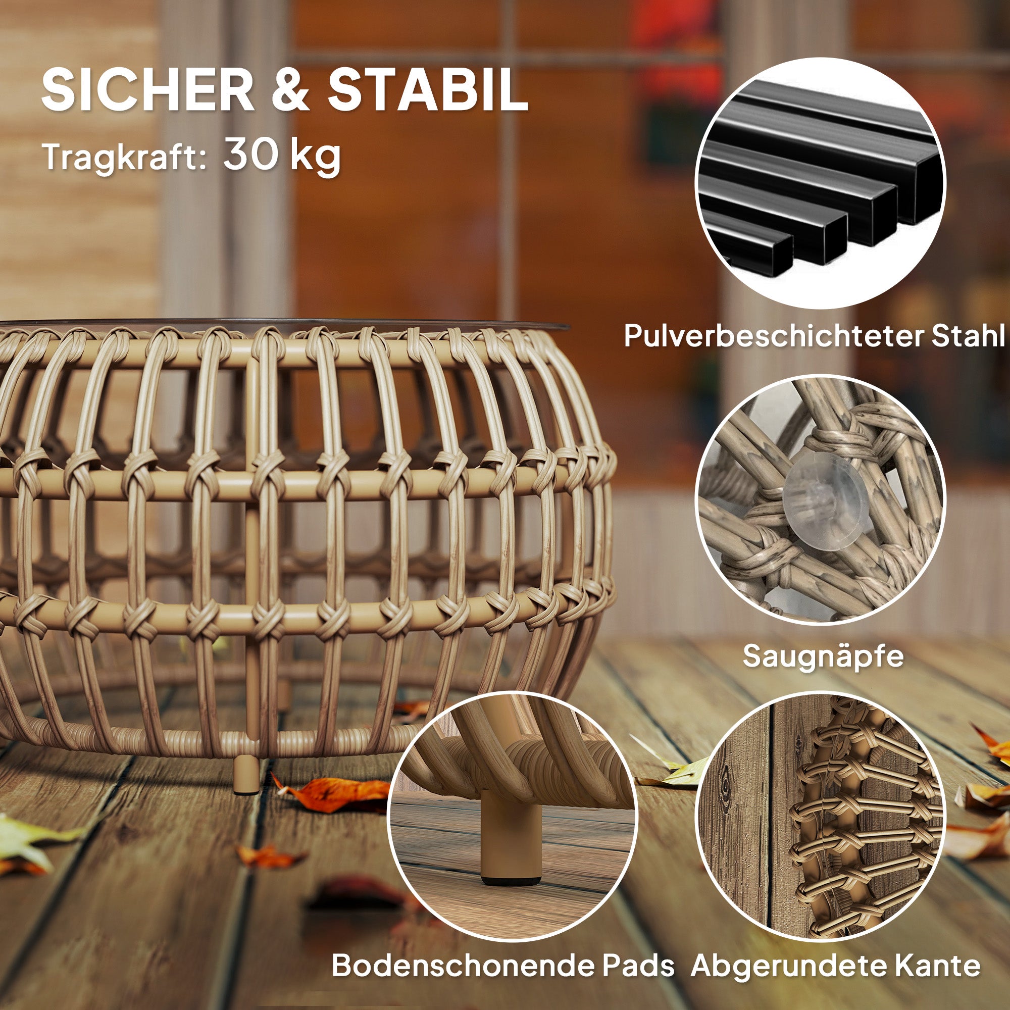 Outsunny 2er Set Beistelltisch Polyrattan Ø66/42 cm rund wetterfest Gartentisch mit Glasplatte Braun