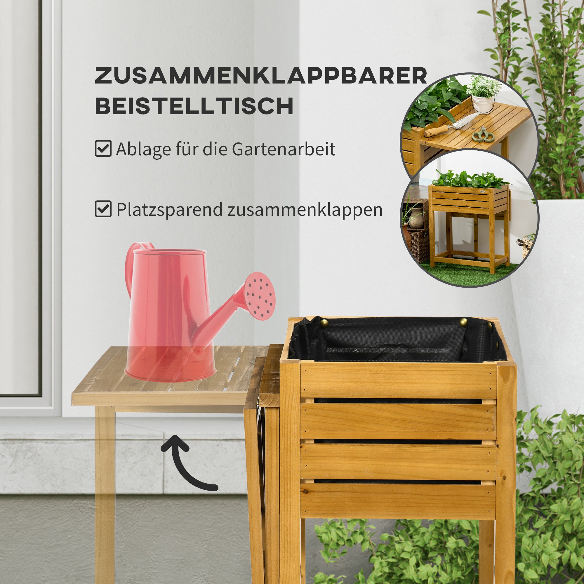 Outsunny Hochbeet mit klappbarer Arbeitsfläche, lackiertes Massivholz, Innenverkleidung aus Vlies, 64cm x 63cm x 74,5cm