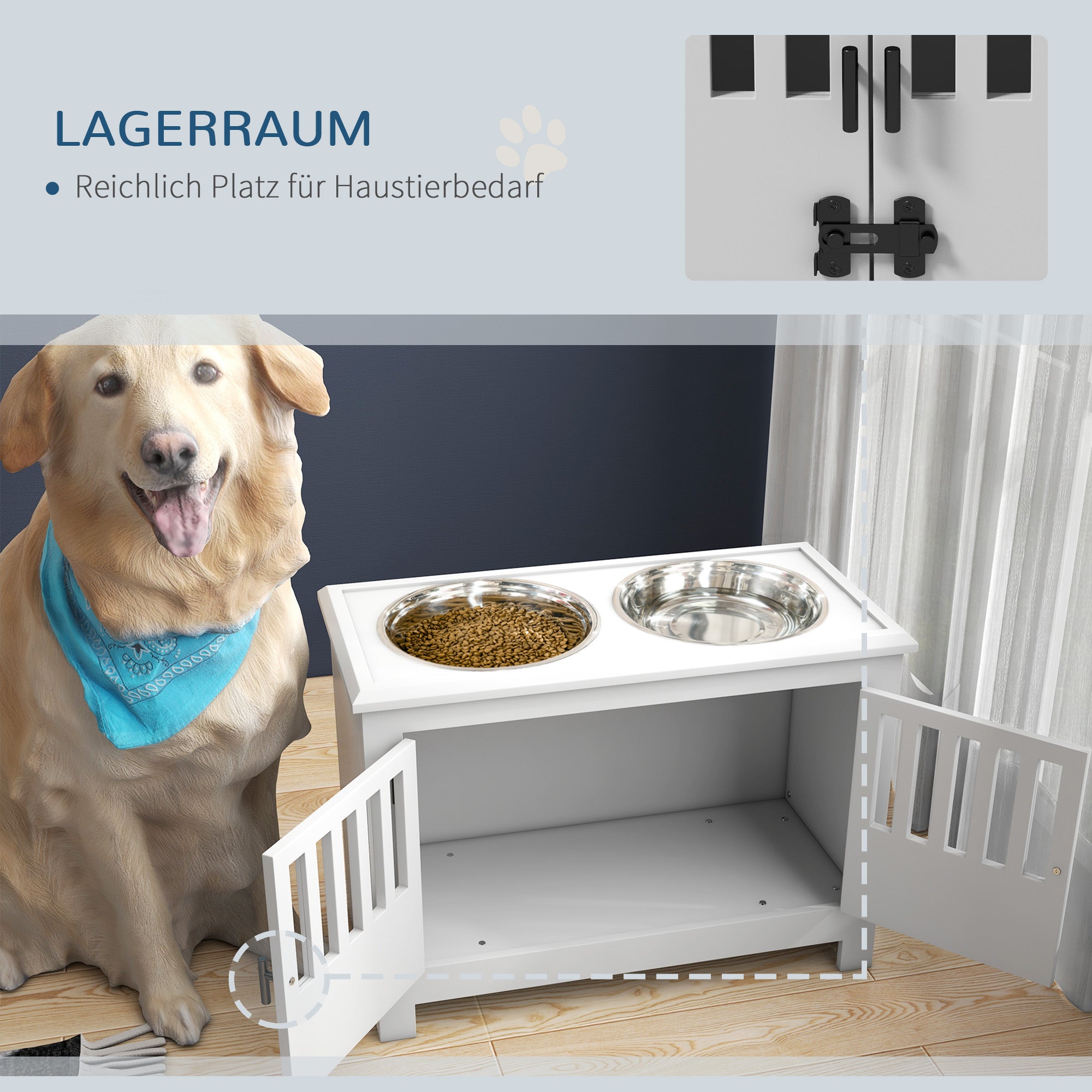 PawHut Erhöhte Futterstation für große Hunde, 2 Edelstahlnäpfe, Stauraum, 35,5x60x30 cm, Weiß