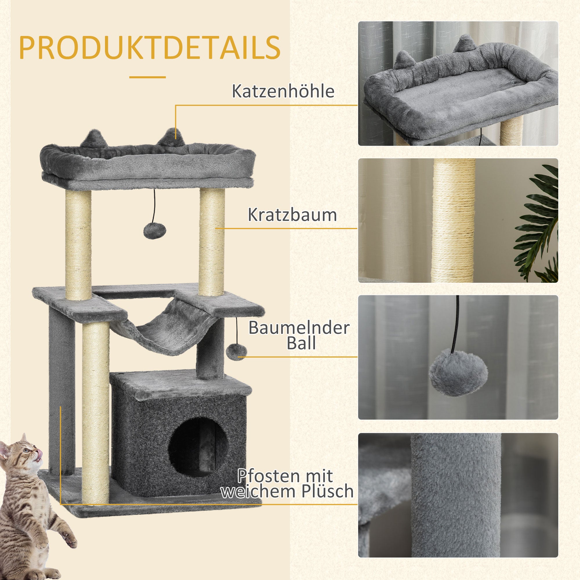 PawHut Katzenbaum 90 cm Kratzbaum mit Hängematte Spielbaum Katzenhöhle Plattformen Kletterbaum Katzenkratzbaum Aktivitätskratzbäum Plüsch Sisal Grau