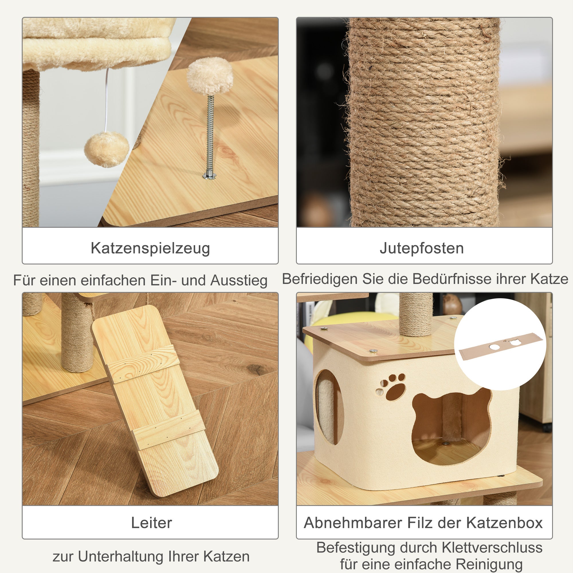 PawHut Kratzbaum Katzenbaum für Katzen Kletterbaum aus Holz mit Katzenhöhle Jutestämmen großer Plattform Spielbälle 130 cm Höhe stabil Plüsch Gelb 60 x 40 x 130 cm