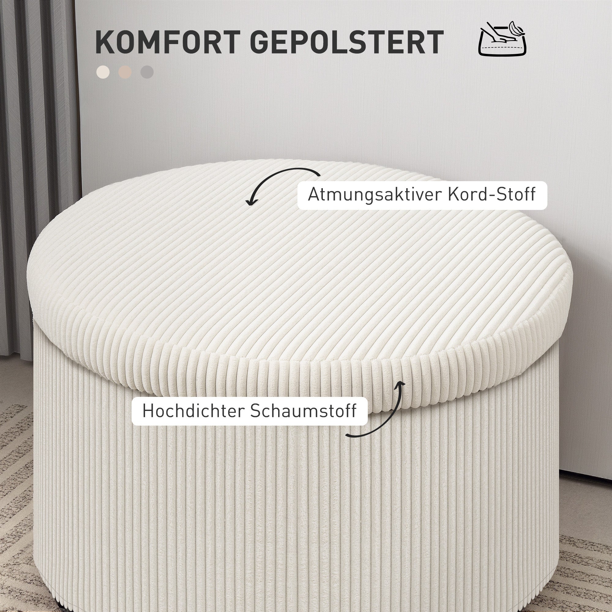 HOMCOM Fußhocker mit 97 L Stauraum, Cordstoff, Schaumstoff, Sitzhocker, Beige