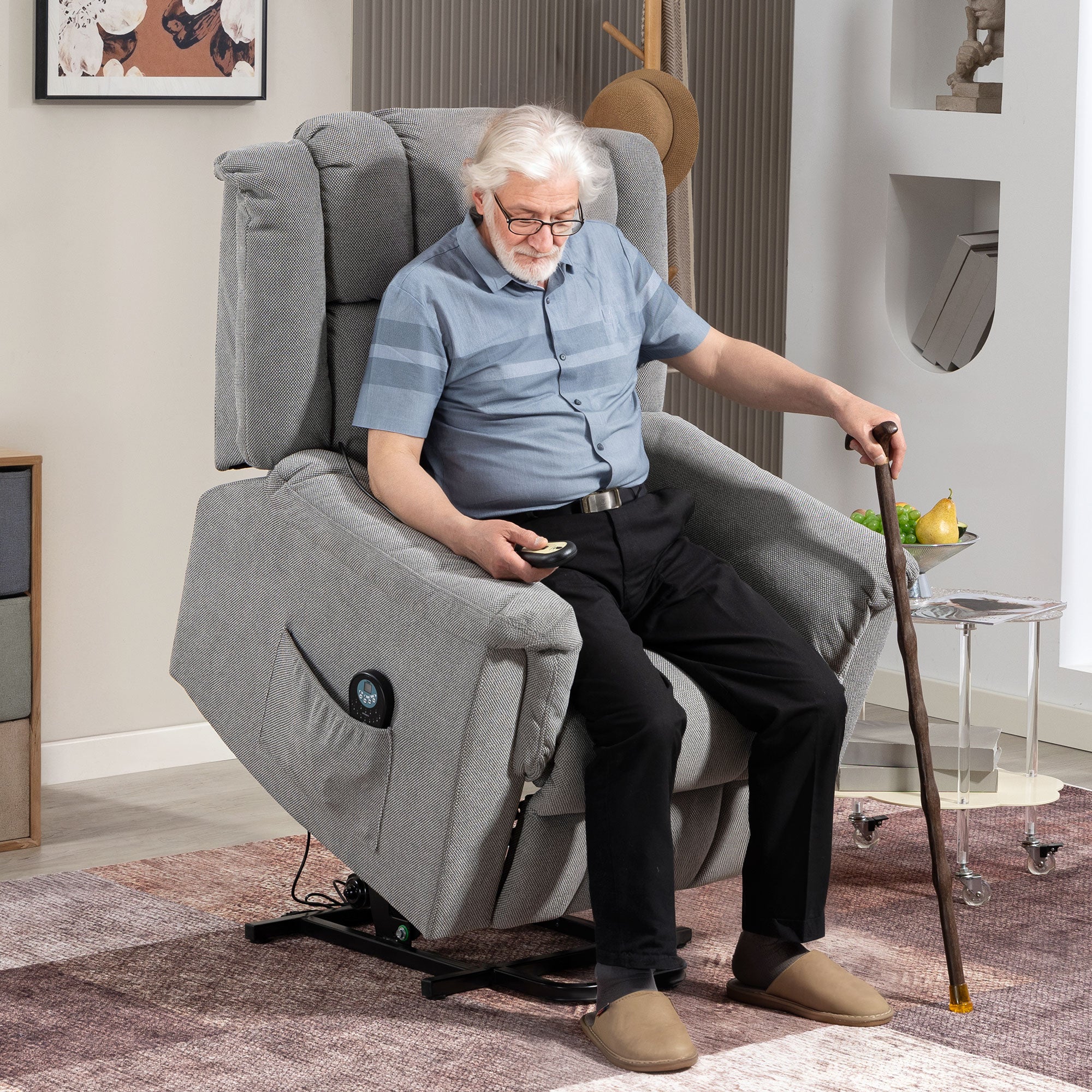 HOMCOM Powerlift-Sessel, Massagesessel mit Wärmefunktion, Polstersessel mit Fußstütze, Seitentasche, Stoffbezug, Dunkelgrau