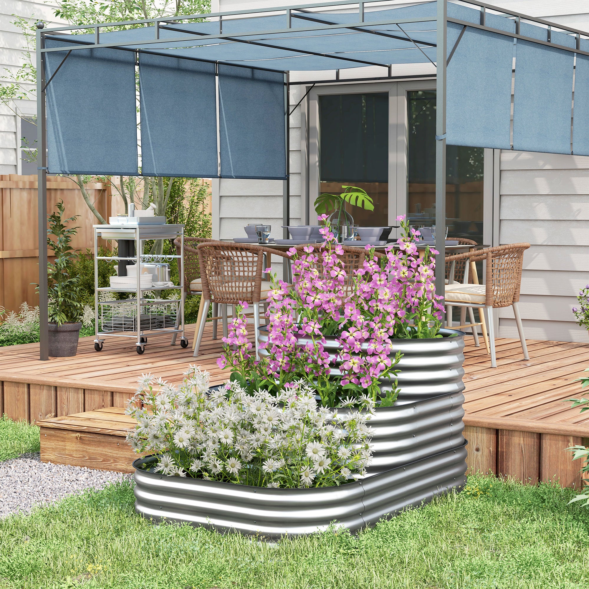 Outsunny Hochbeet Outdoor-Blumentreppe Pflanzkasten, 3 Stufen, 158 cm x 109 cm x 82 cm, Silber