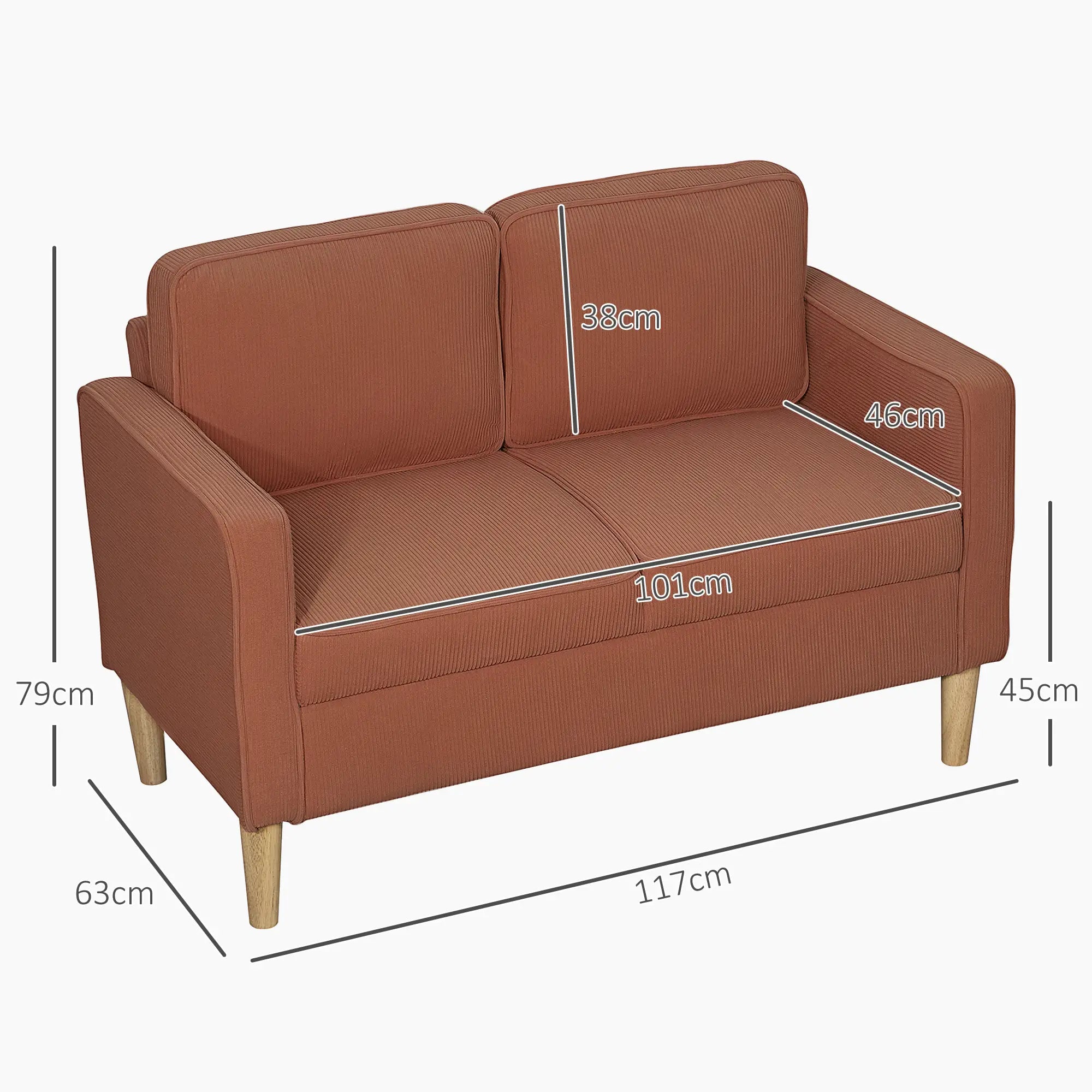 HOMCOM Zweisitzer-Sofa mit Stauraum und soliden Holzbeinen, für Wohnzimmer, Schlafzimmer, 117 x 63 x 79 cm, Orange