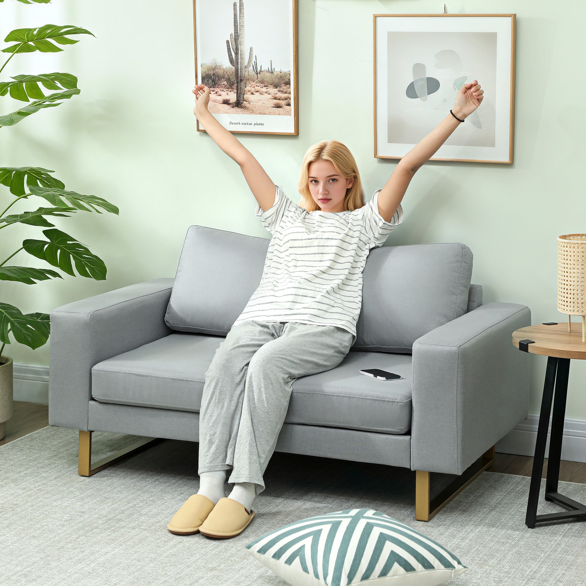 HOMCOM 2-Sitzer-Sofa, Couch mit Vollholzrahmen, Metallbeine, schlichtes Design, Hellgrau