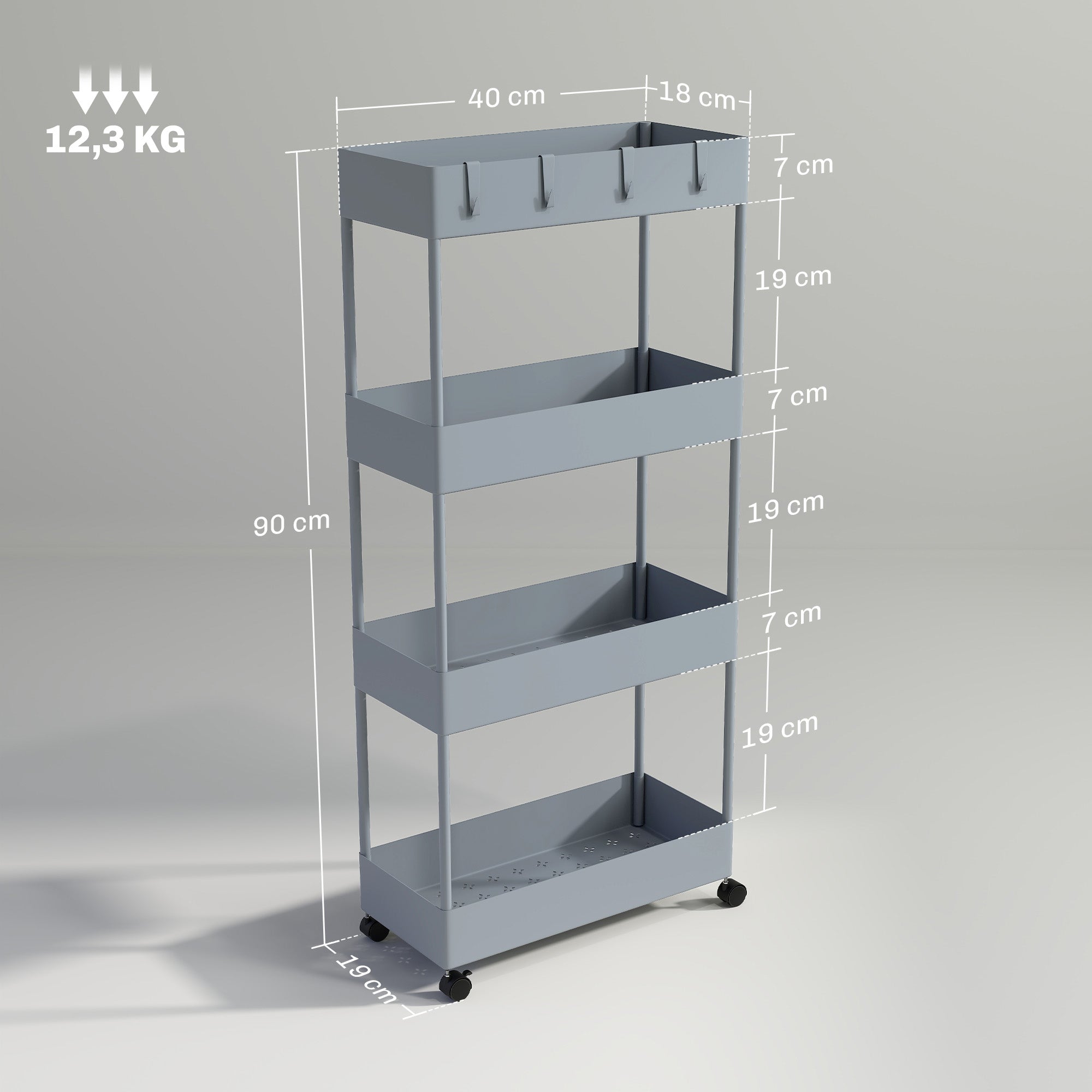HOMCOM Küchenwagen mit 4 Regalen, 4 flexiblen Haken, 4 Rollen, 40 cm x 19 cm x 90 cm, Nischenwagen, Grau