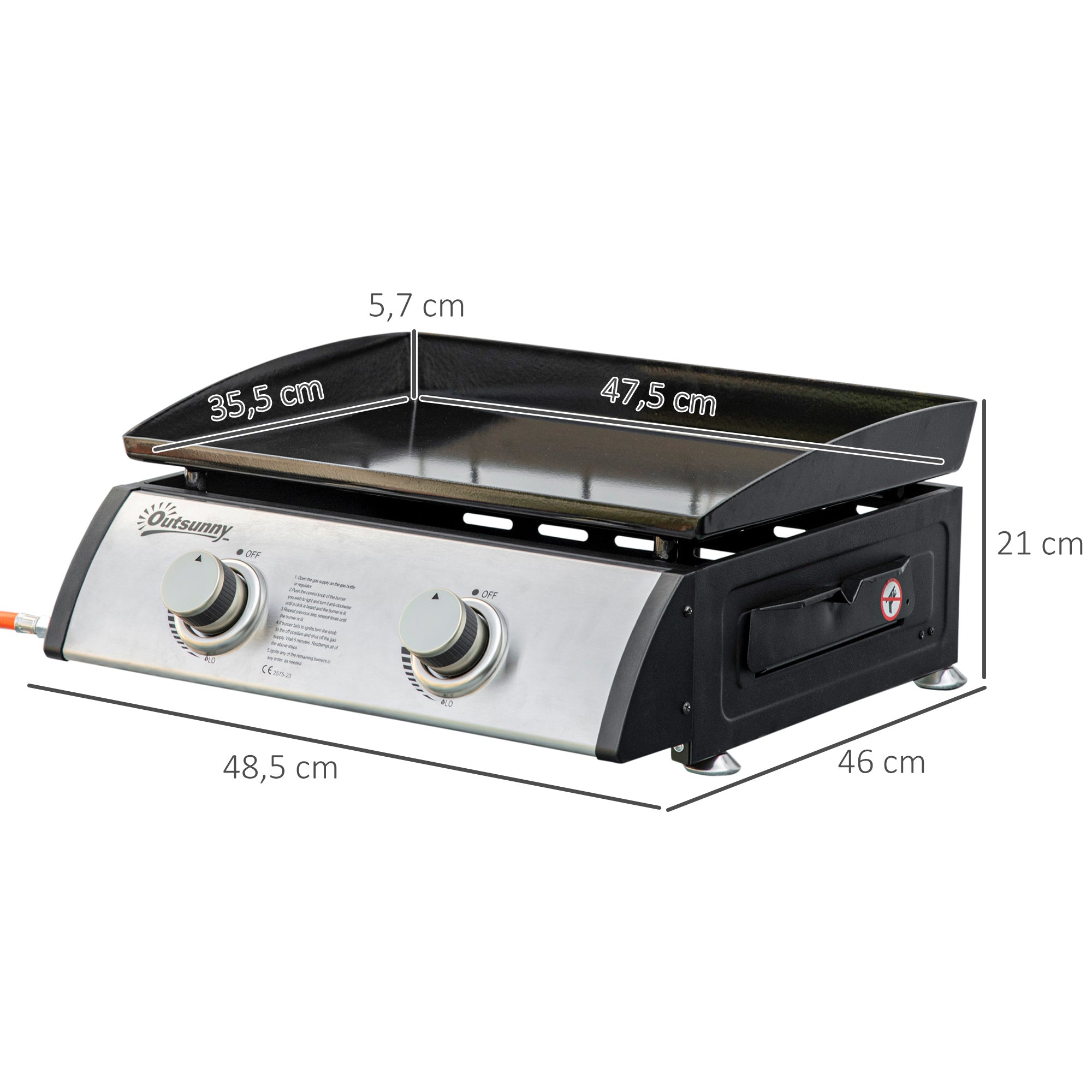 Outsunny Gasgrill mit 2 Brennern, Schlauch, Antihaft-Grillplatte, Edelstahl, Farbe: Silber, 48,5 x 46 x 21 cm