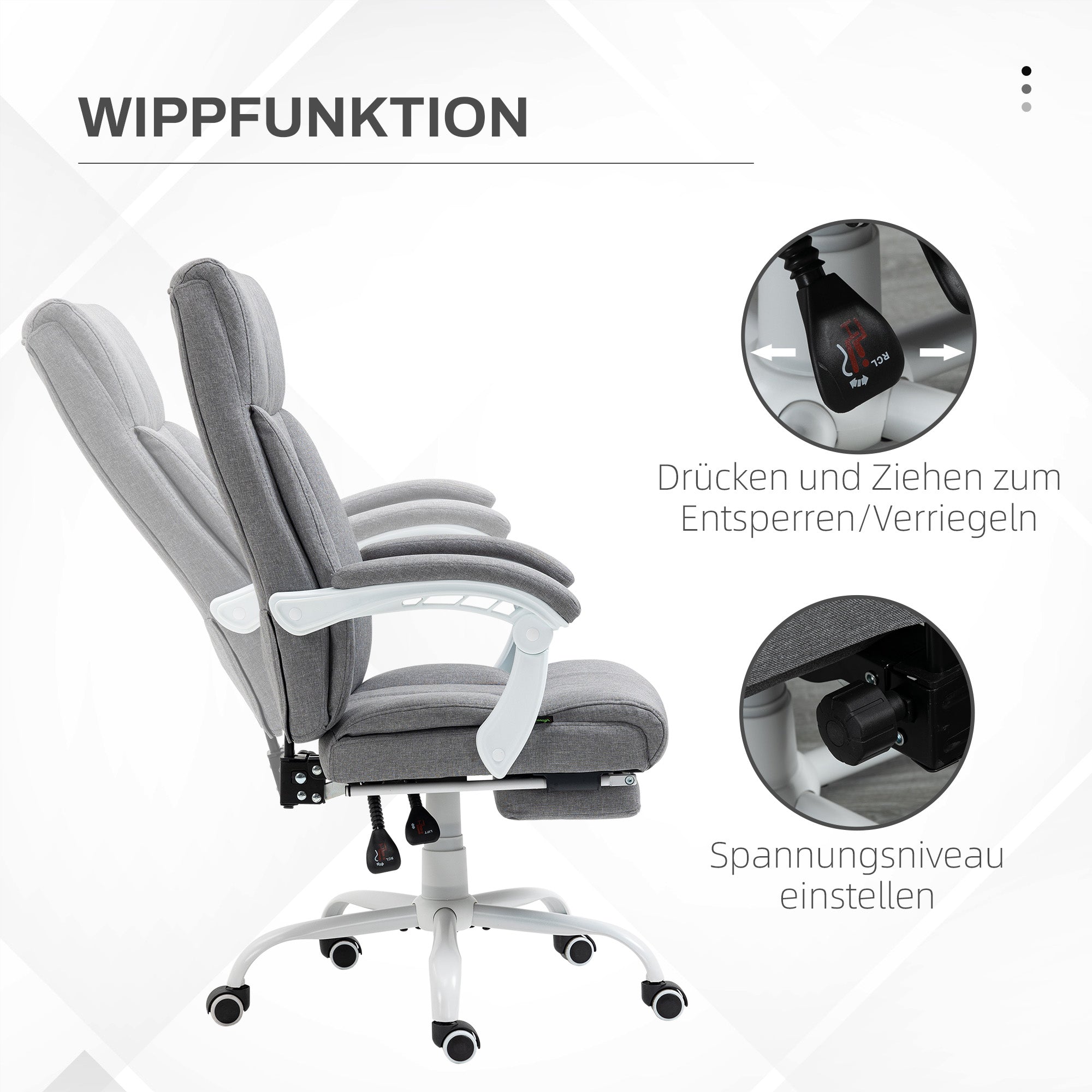 Vinsetto Bürostuhl, Drehstuhl, neigbare Rückenlehne, höhenverstellbar, bis 120 kg, Leinenoptik, Grau