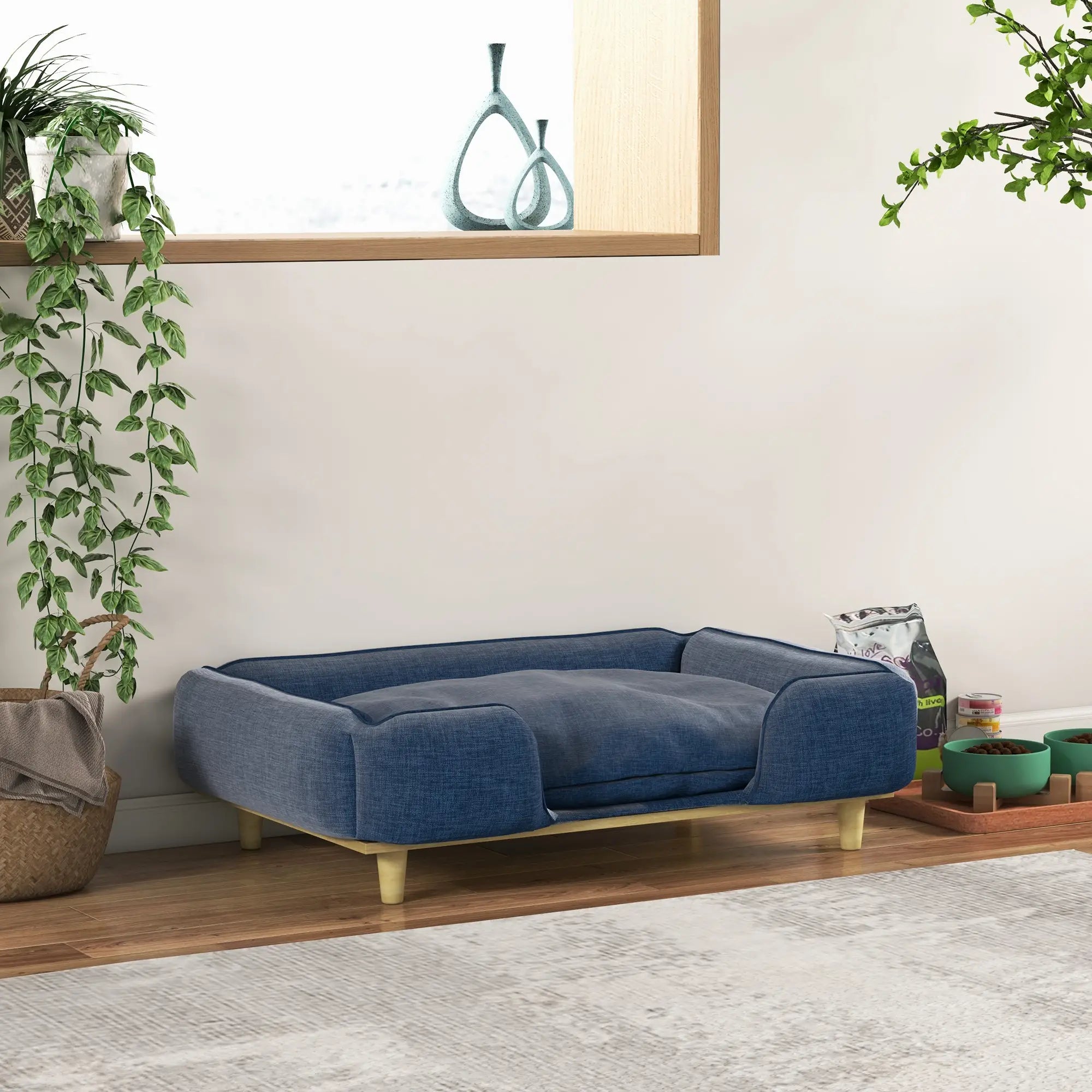 PawHut Hundesofa, Haustiersofa, Haustierbett, abnehmbares u. waschbares Polster, Natur+ Dunkelblau