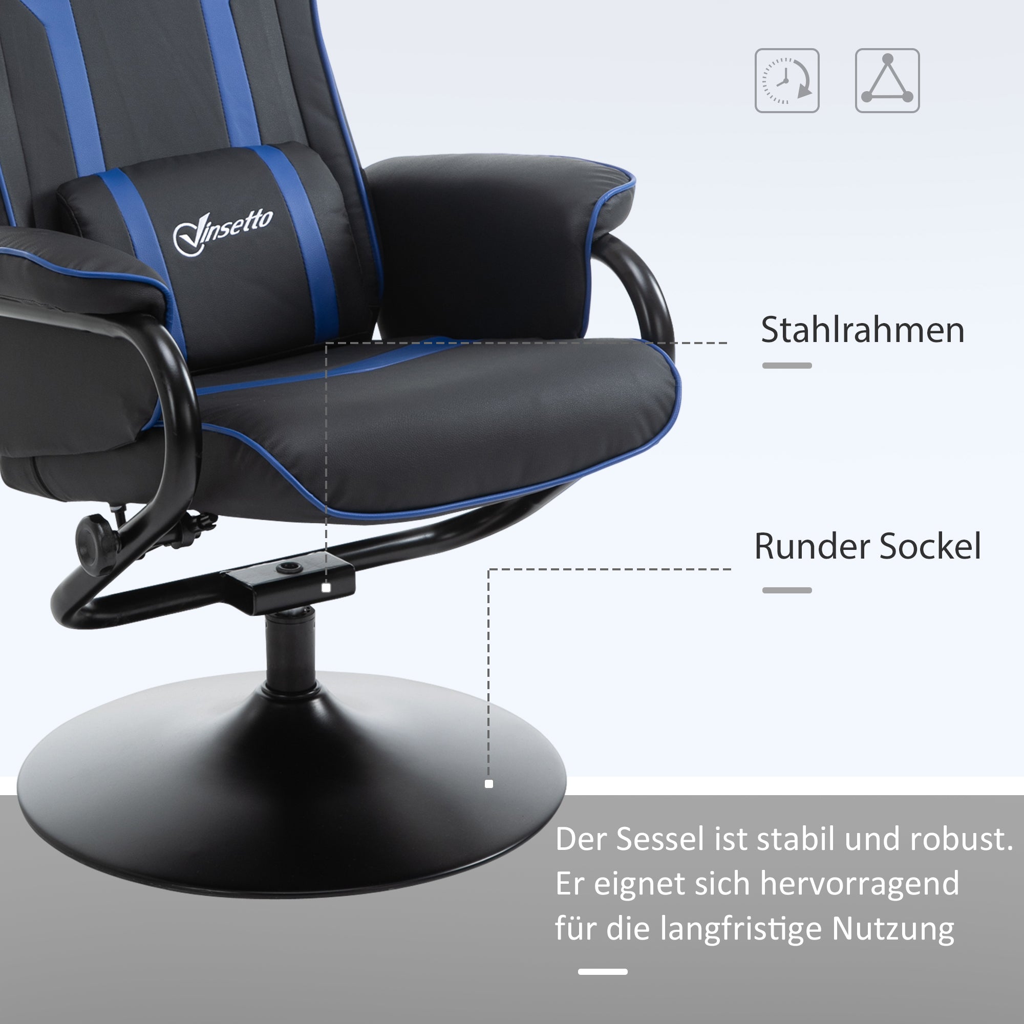 Vinsetto Relaxsessel mit Fußhocker, inkl. Kopfstütze und Lendenkissen, bis 130° verstellbare Rückenlehne, Dunkelgrau + Blau