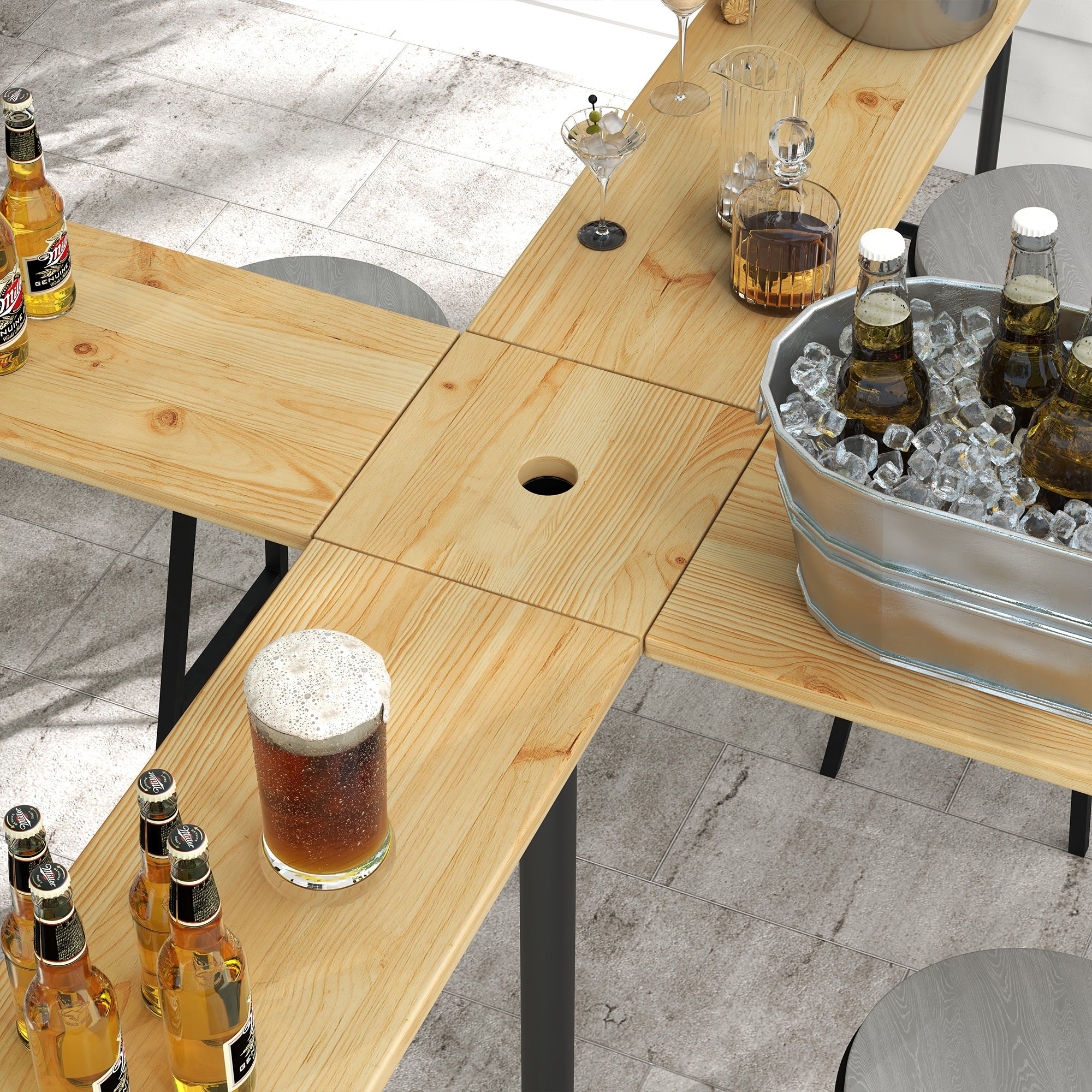 Outsunny Picknicktisch, Outdoor Klapptisch, bis 20 Personen, wetterfest, Metall, Tannenholz, 2,4x2,4x1m, Natur/Schwarz