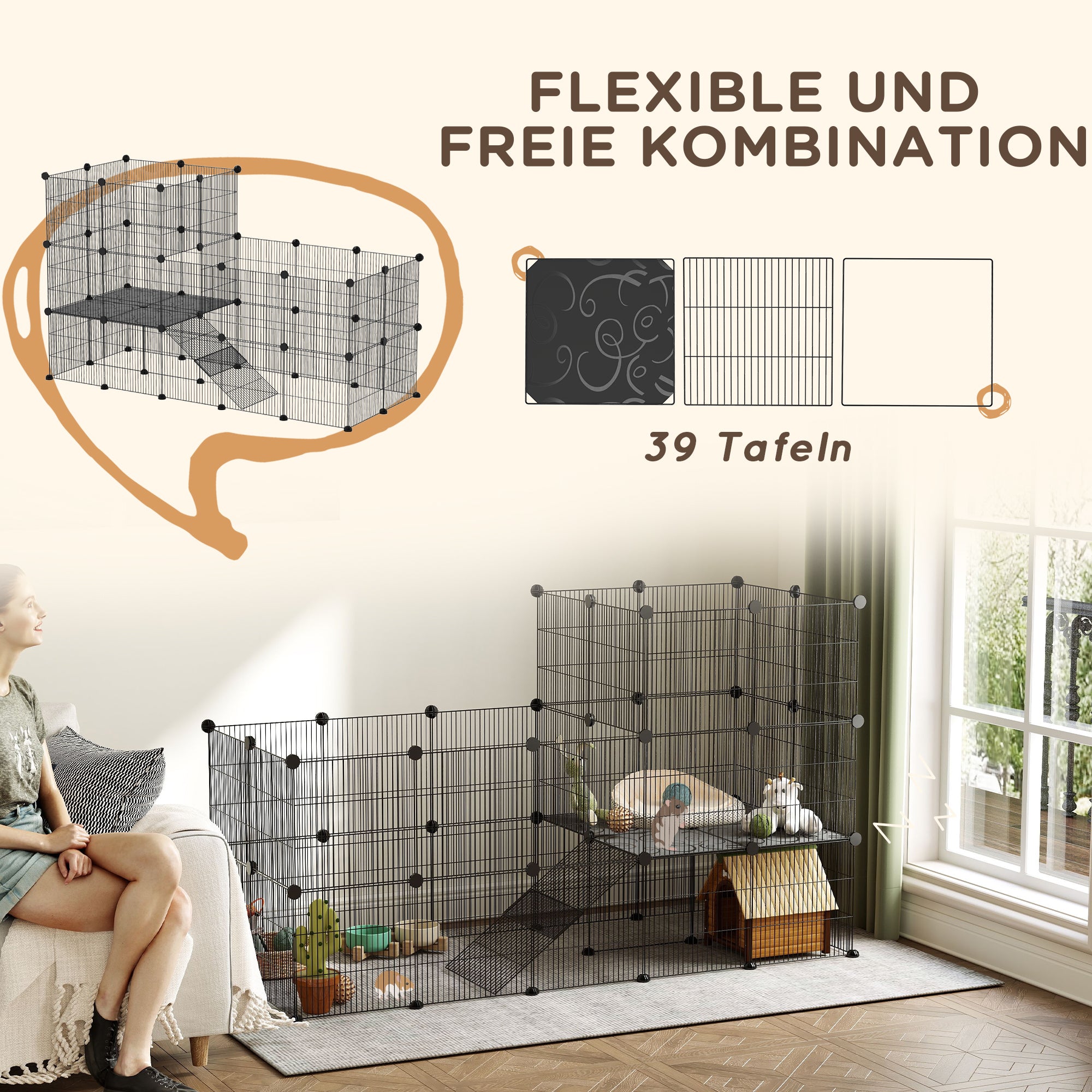 PawHut Gehege für Zwergkaninchen, 39-Paneel-Stall für kleine Haustiere, mit Rampe, für Kleintiere, Indoor, Schwarz