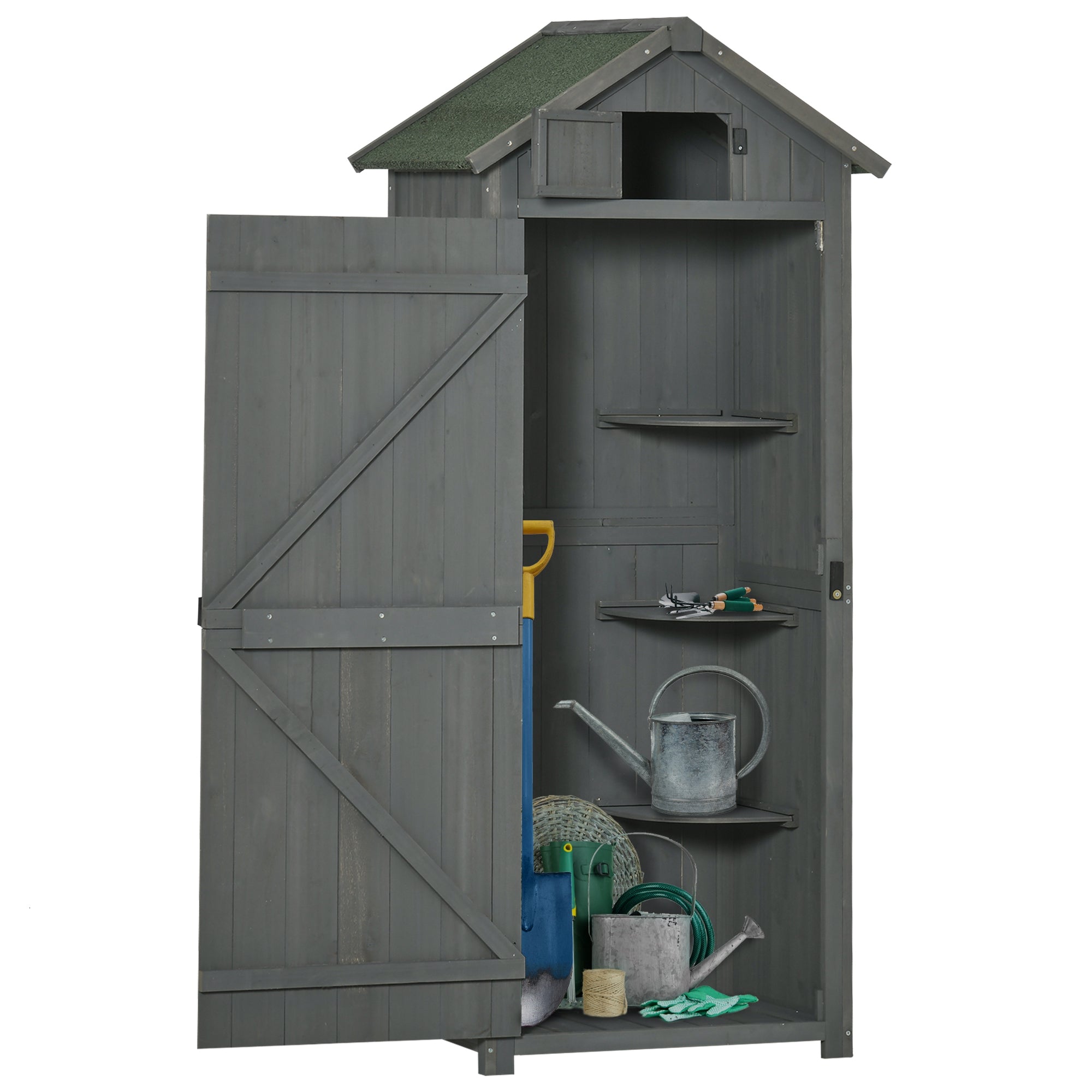 Outsunny Gartenschrank Holz, Geräteschuppen wetterfest 77x54,2x179cm, Gerätehaus mit Tür, Satteldach, Geräteschrank mit Böden, Werkzeugschrank Gartenschuppen für Garten, Terrasse, Grau+Grün