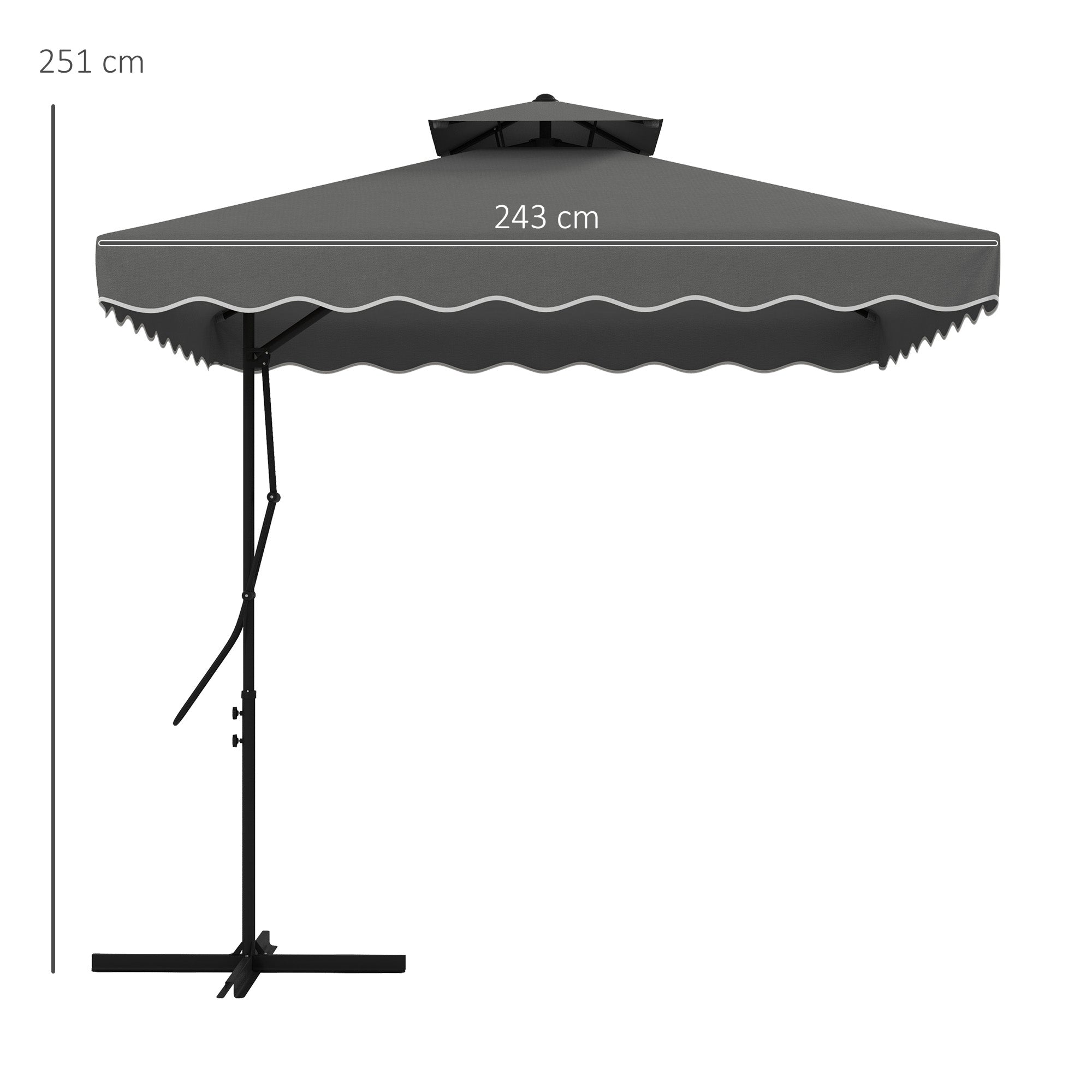 Outsunny Gartenschirm, Ampelschirm, dekorativer Rand, Lüftungsdach, Metallgestell, 2,4x2,4x2,6m, Dunkelgrau